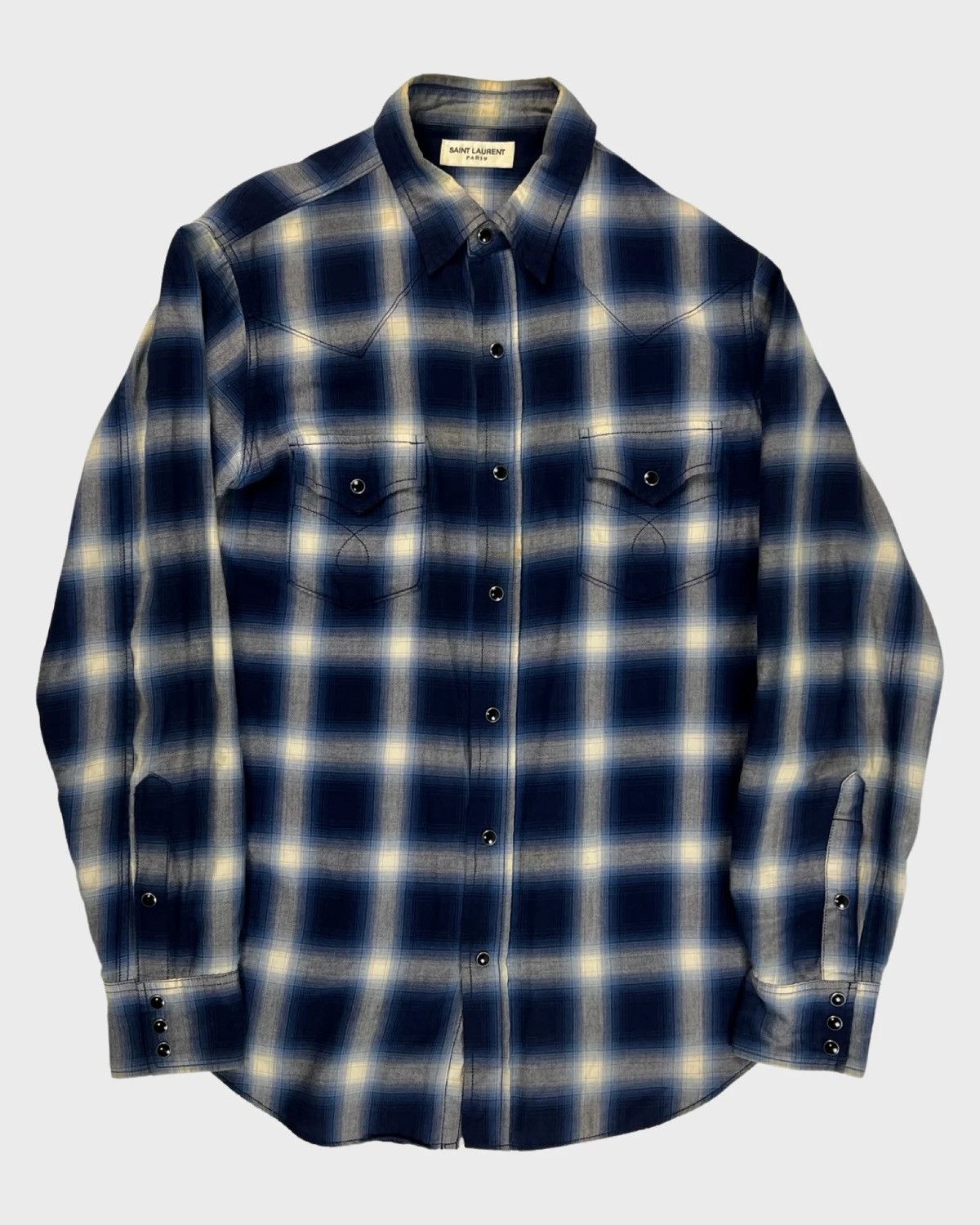 image of Saint Laurent Paris Slp By Hedi Slimane Checkered Flannel Shirt in Blue, Men's (Size Medium)