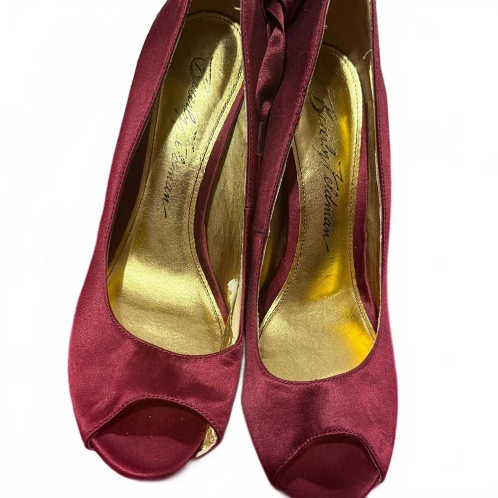 Designer Elegant Satin Burgundy Heels with Ribbon Detail Size US 8.5 / IT 38.5 - 3 Thumbnail