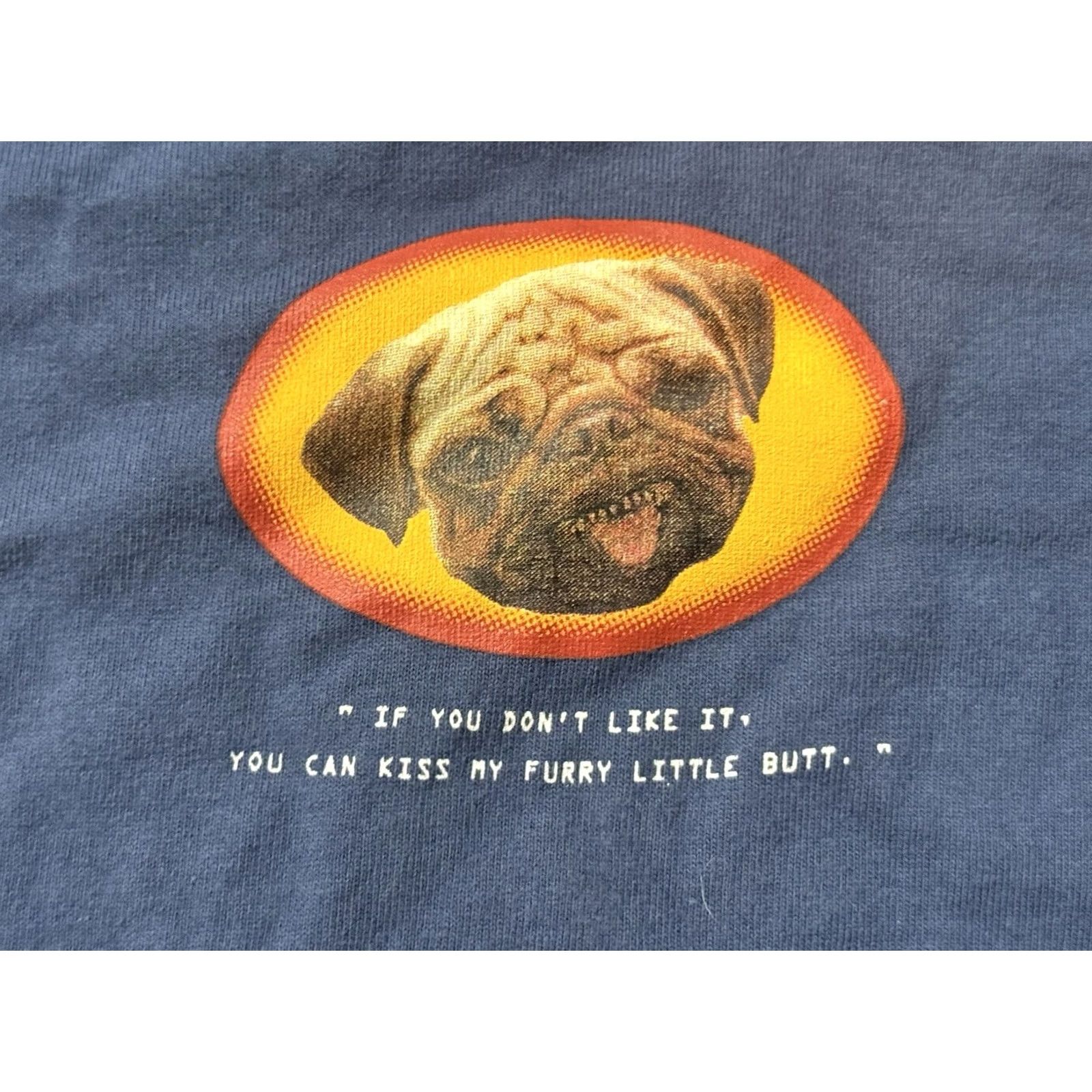 Fruit Of The Loom VINTAGE Men In Black Graphic Print T-Shirt XL Frank The Pug 90s Christopher Lee ILM Crew Neck Cotton Blue Shirt Mens XL Size US XL / EU 56 / 4 - 5 Thumbnail