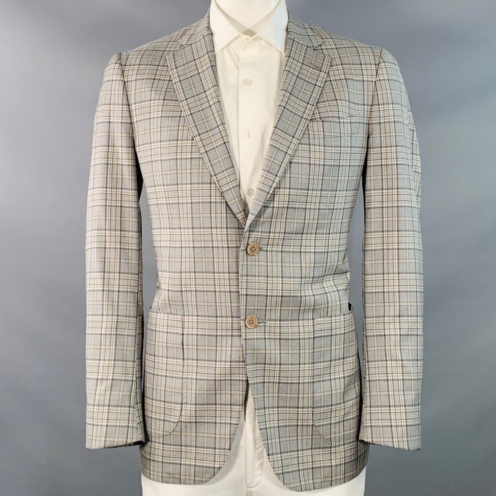 Isaia ISAIA 44 Long Grey Taupe Plaid Wool Notch Lapel Sport Coat Size 44R - 1 Thumbnail