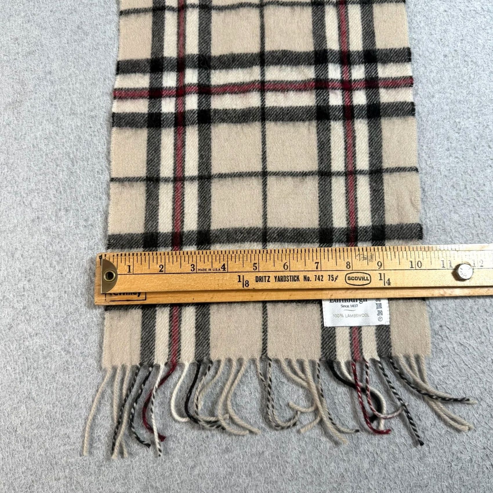 Vintage Edinburgh Scarf Men Beige Plaid Fringe Lambswool Wool Rectangle 63in 10.5in Preppy Classic Heritage Size ONE SIZE - 4 Thumbnail