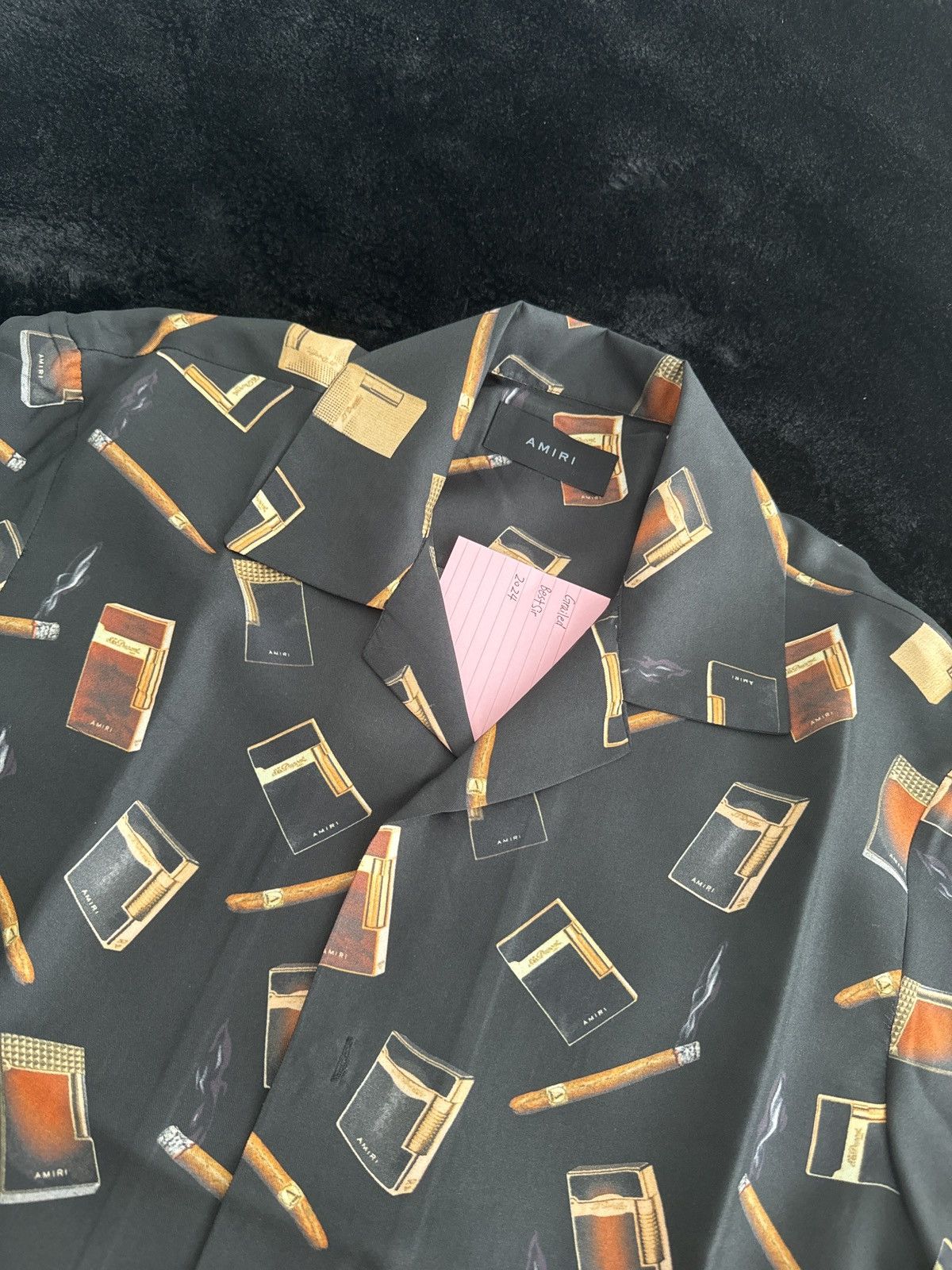 image of Amiri x Dupont Cigar Print Silk Short-Sleeve Shirt in Black, Men's (Size Medium)