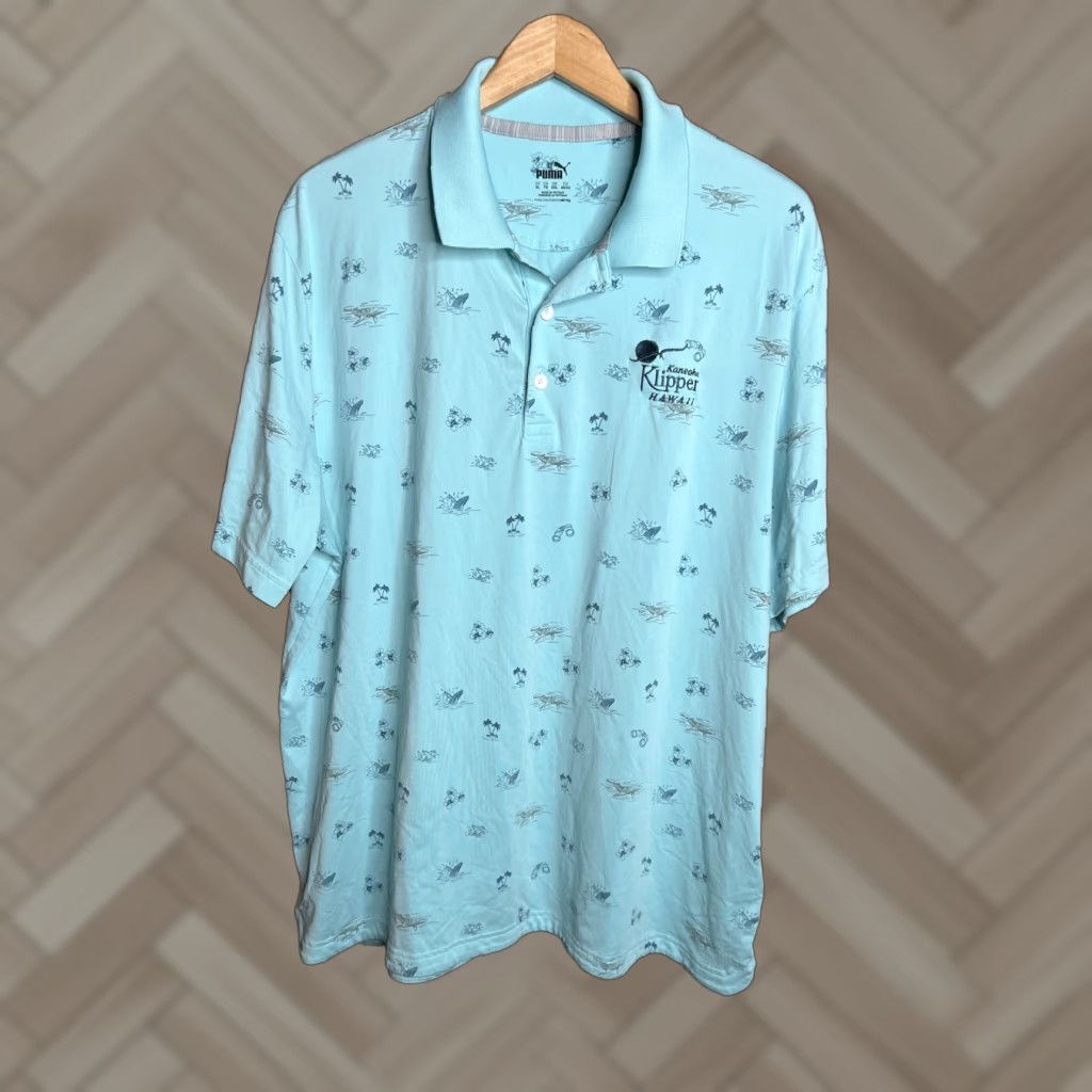 Puma Puma Polo Shirt Mens XL Blue Humpback Whale Allover Print Stretch Wicking Casual Shirt Size US XL / EU 56 / 4 - 1 Thumbnail