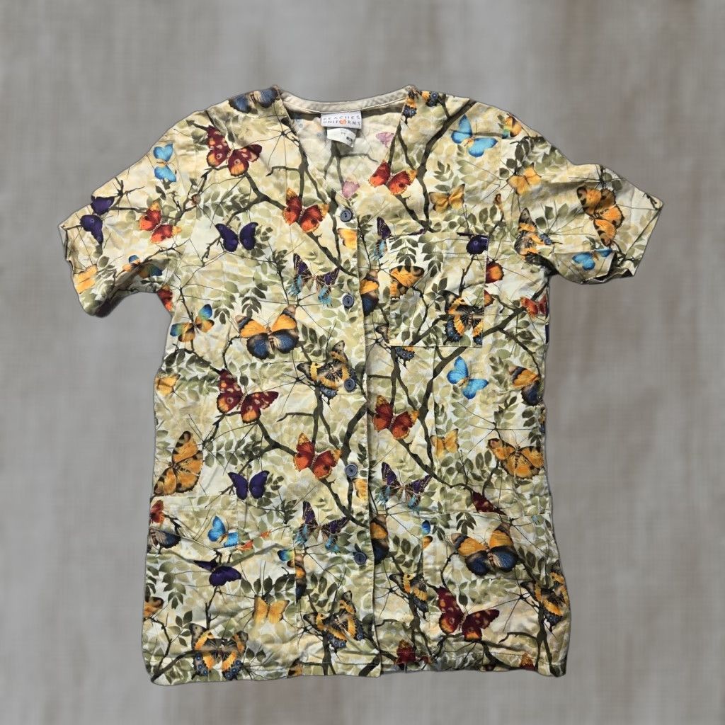 Gloverall VINTAGE Peaches Women's Button Up Scrub Top Shirt XS White Butterflies Cotton Blend Size US XS / EU 42 / 0 - 1 Thumbnail