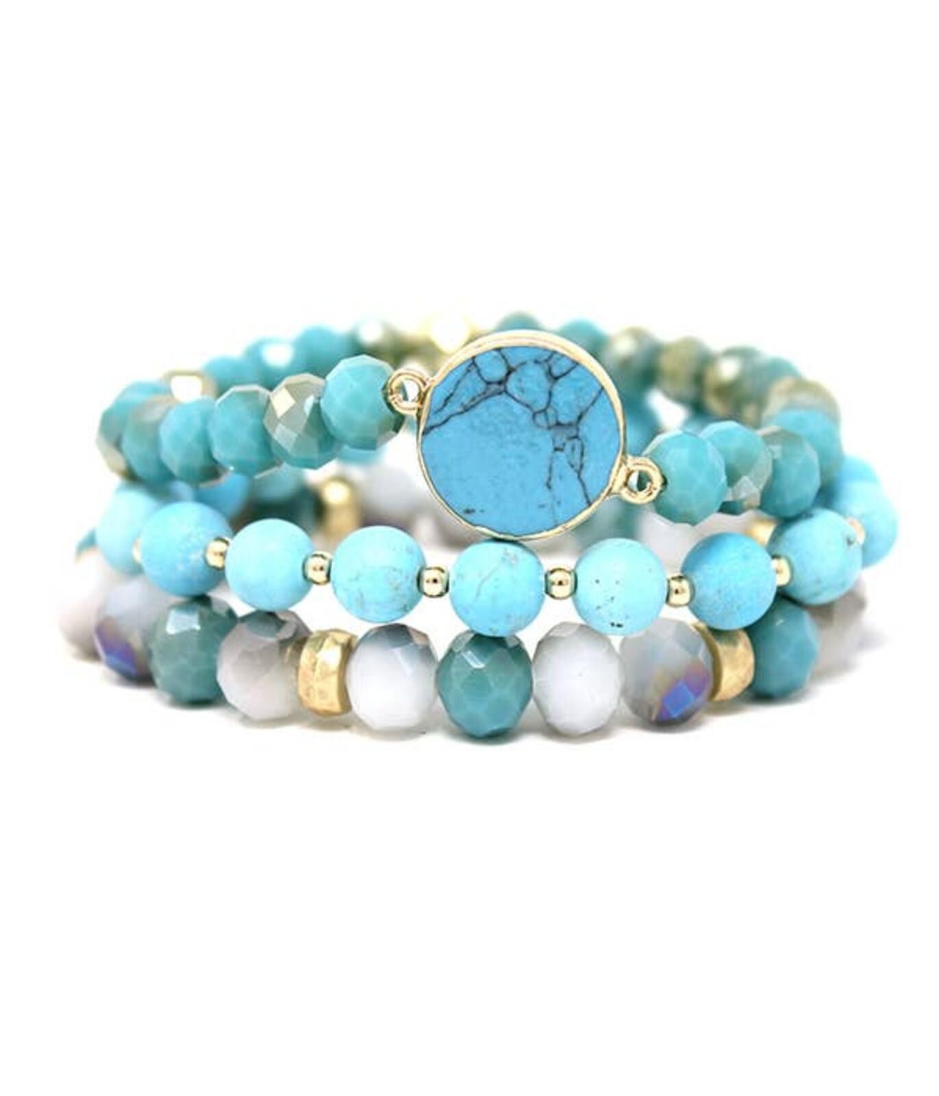 Other Turquoise Beaded Stretch Bracelet Set with Gold Accents Size ONE SIZE - 1 Preview