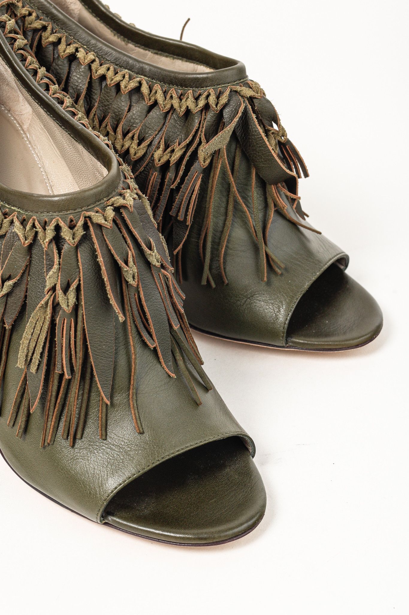 Sergio Rossi Sergio Rossi Green Leather Fringe Peep-Toe Bootie Size US 7.5 / IT 37.5 - 5 Thumbnail