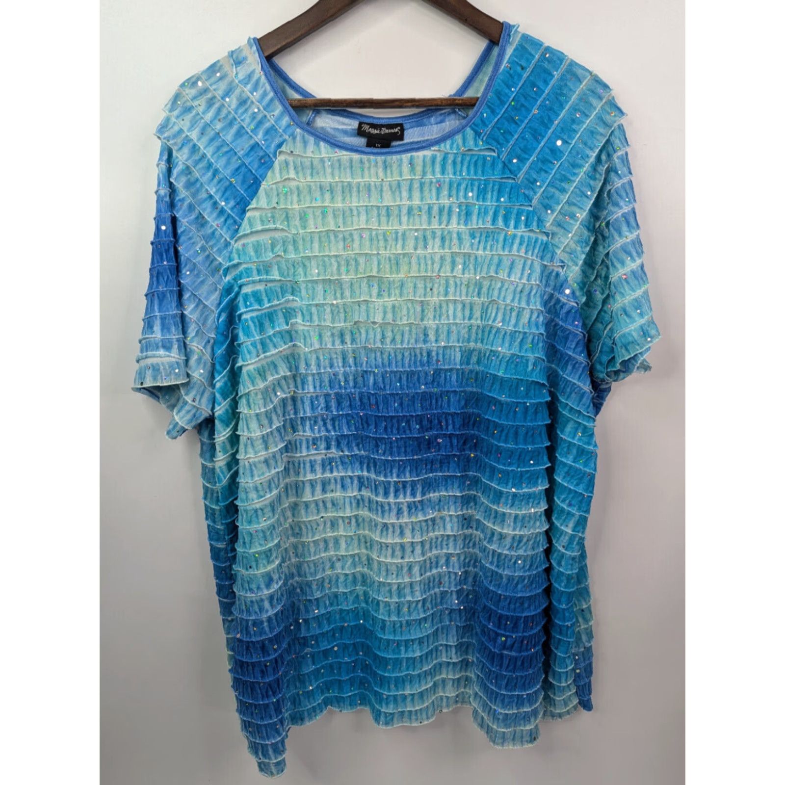 Vintage Maggie Barnes Woman's 1X 18/20 Shirt Blue Ruffle Short Sleeve Boho Blouse Plus Size XL / US 12-14 / IT 48-50 - 2 Thumbnail