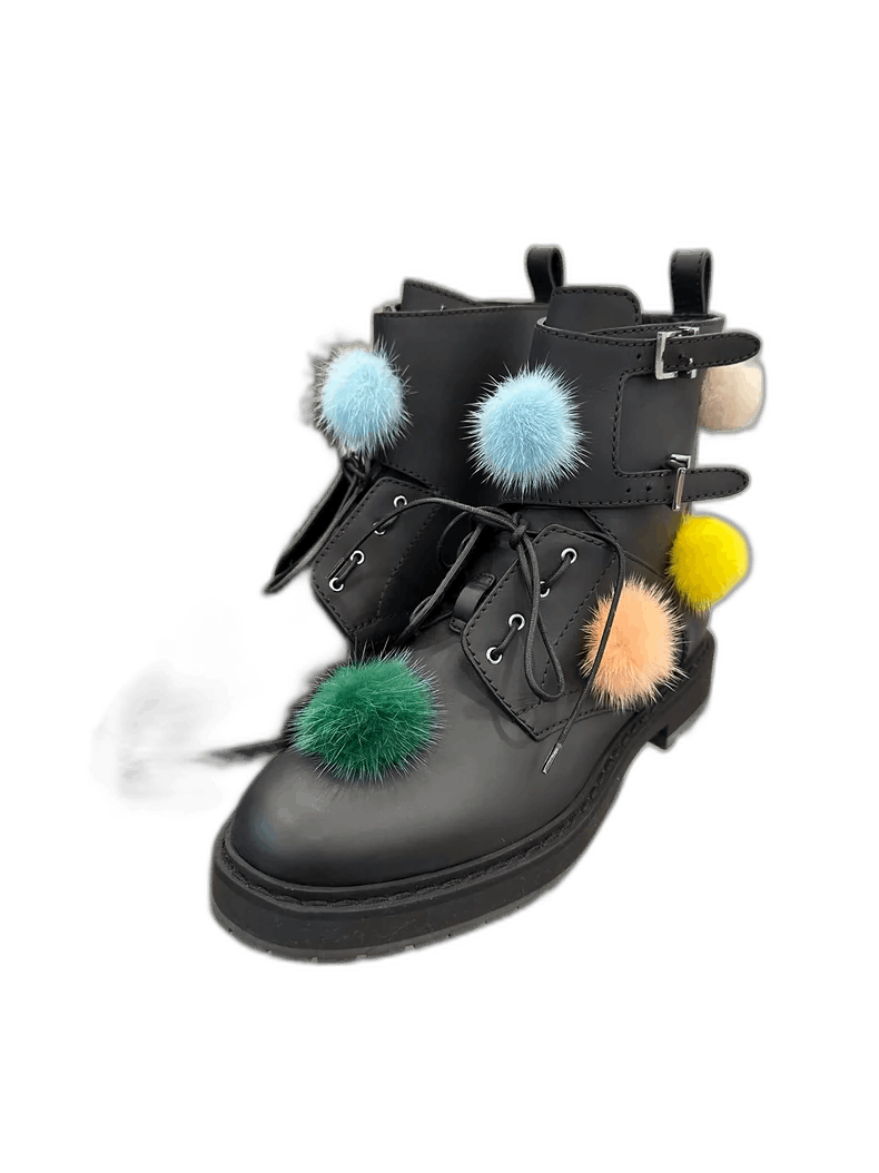 Fendi Colorful Fur Pom Pom Black Booties