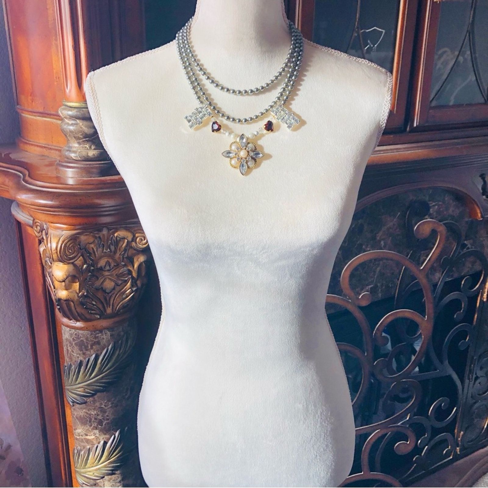 Handmade Handcrafted repurpose faceted gem Czech glass Pearl necklace Size ONE SIZE - 6 Thumbnail