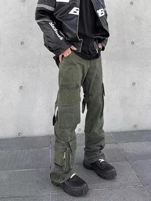 High Street Style Zip Retro Army Green Cargo Pants