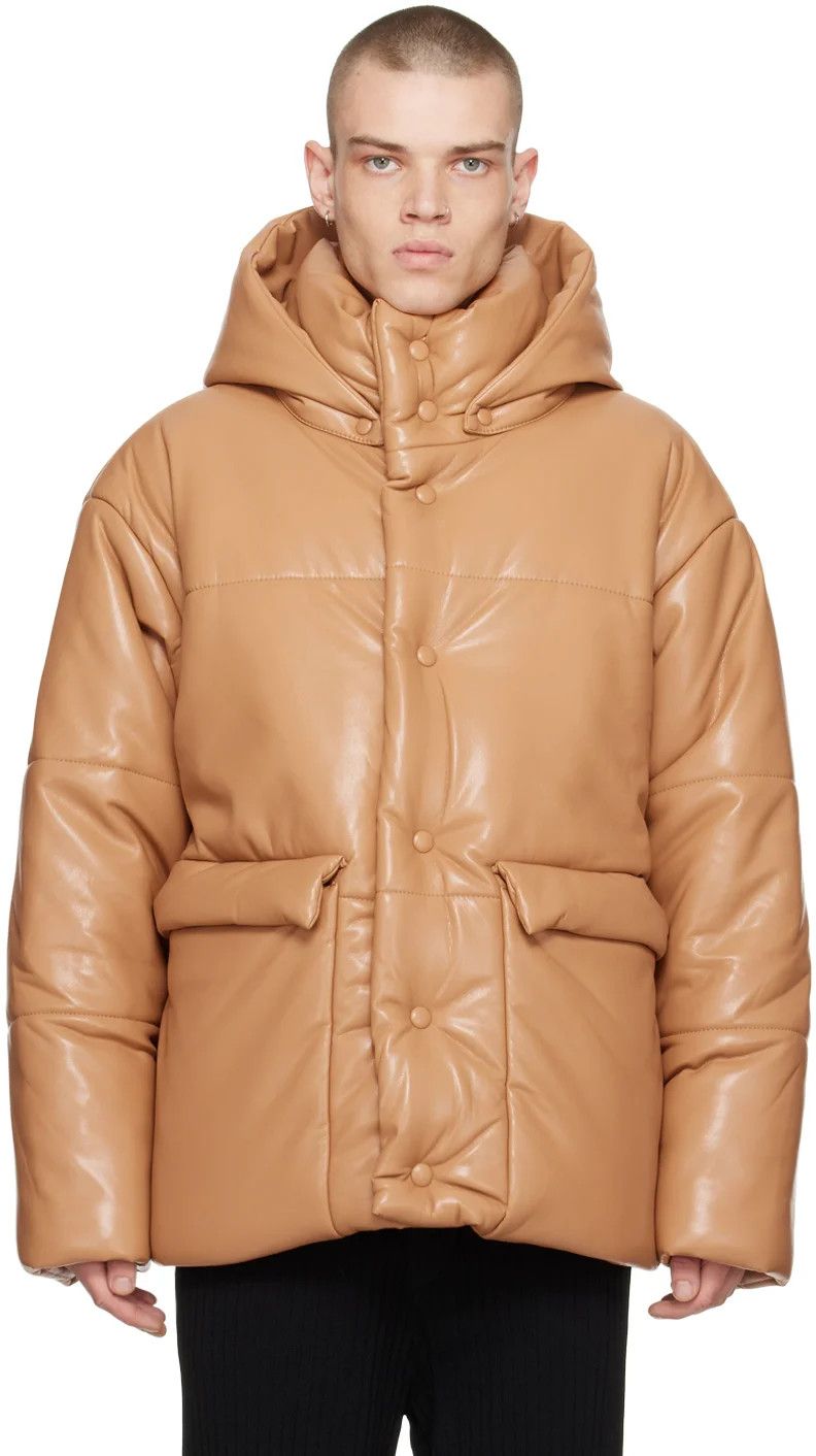 Nanushka Tan Vegan Leather Hooded Puffer Jacket Size US S / EU 44-46 / 1 - 2 Thumbnail