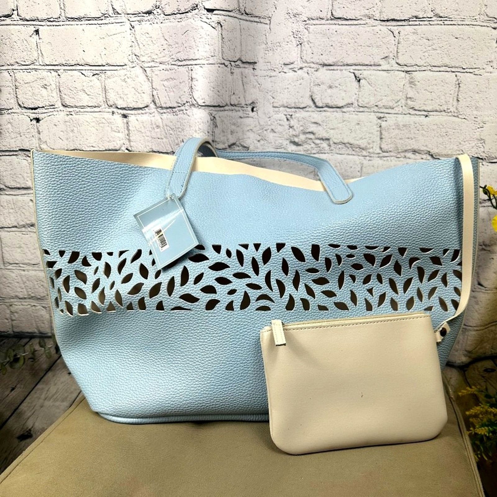 Other Laser Cut Light Blue Faux Pebble Leather Tote Bag with pouch Size ONE SIZE - 3 Thumbnail