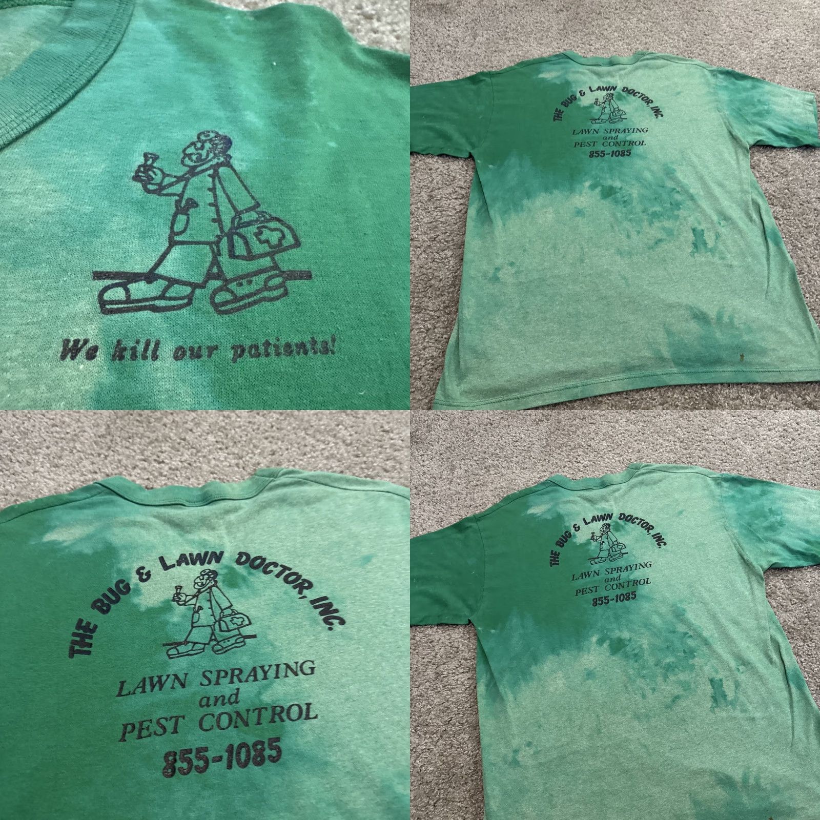 Jerzees VINTAGE 80s Bug & Lawn Doctor Funny Green Faded Distressed T-Shirt XL Mens Jerzees Regular Green Distressed 80s Funny T-Shirt Size US XL / EU 56 / 4 - 8 Thumbnail