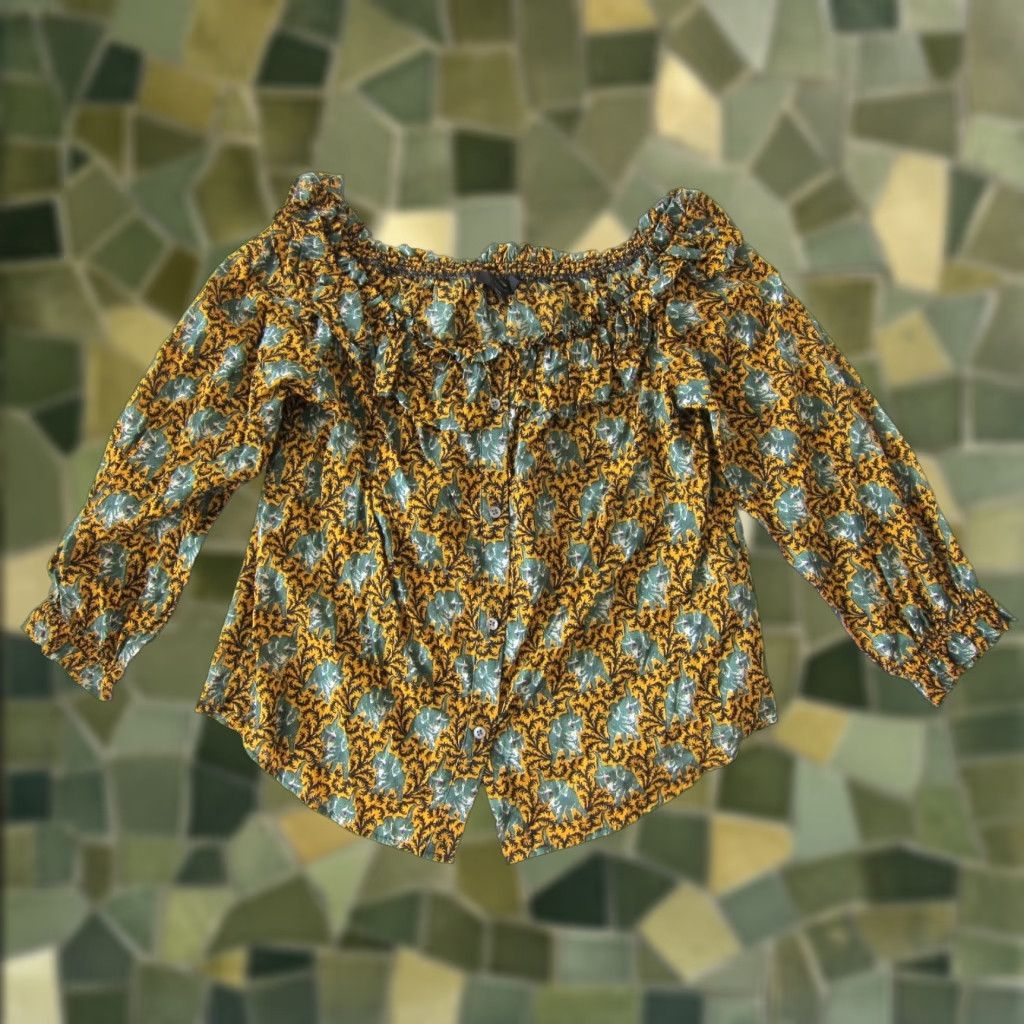 J.Crew J.Crew 100% Cotton Green Yellow Elephant Button Down Off Shoulder Blouse 6 Size M / US 6-8 / IT 42-44 - 1 Thumbnail