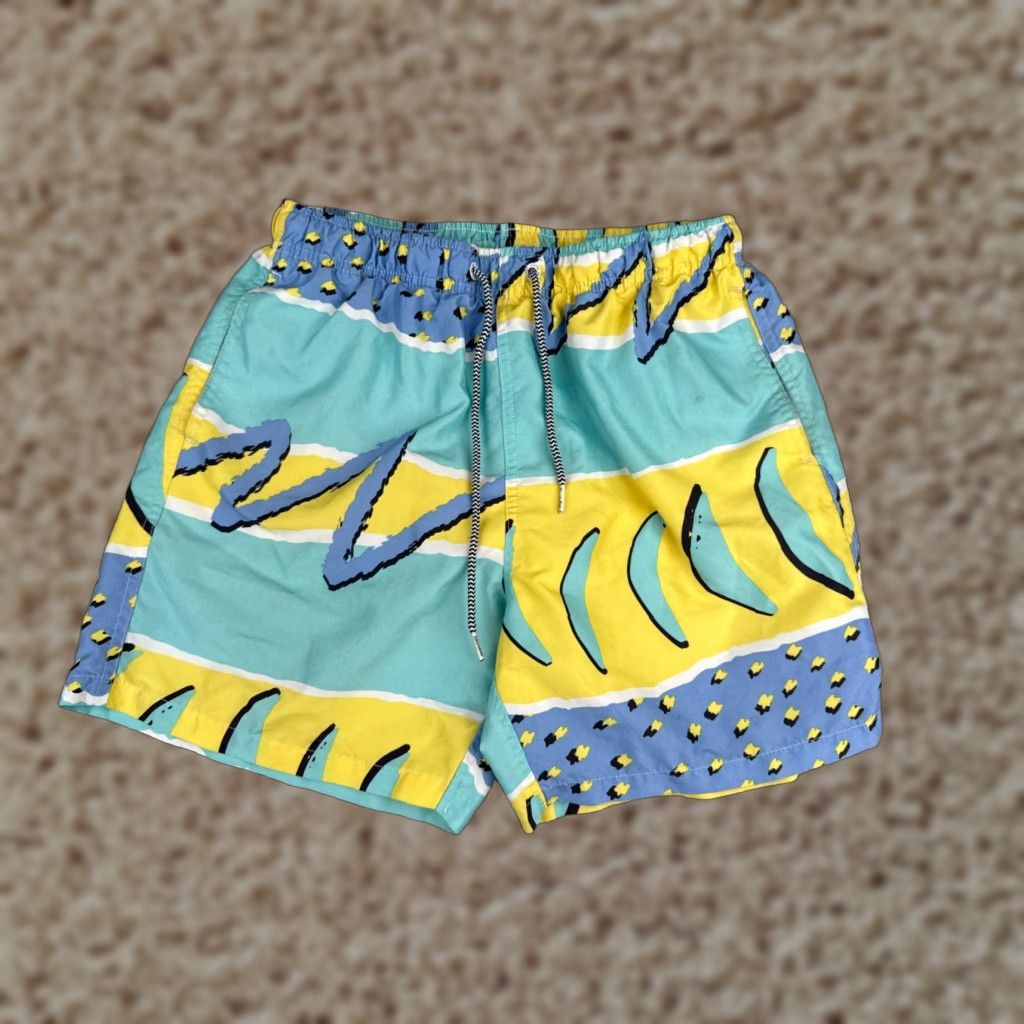 Vintage Boardies Shorts Womens Small Blue Yellow Lined Swim Run Beach Vacation 6" Size 32" / US 10 / IT 46 - 1 Thumbnail