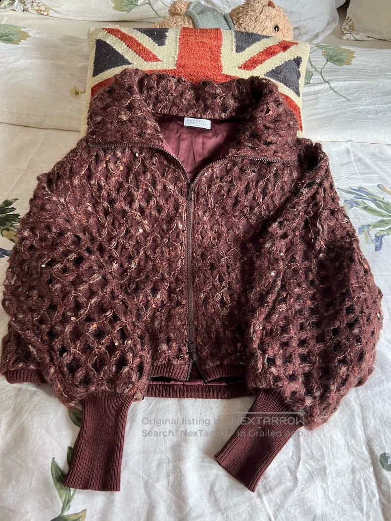 Brunello Cucinelli Brunello Cucinelli Glitter Brown Cardigan Size S / US 4 / IT 40 - 3 Thumbnail