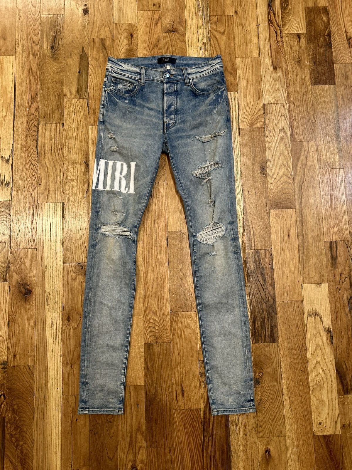 Pre-owned Amiri White Leather Spellout Blue Denim Jeans Size 30