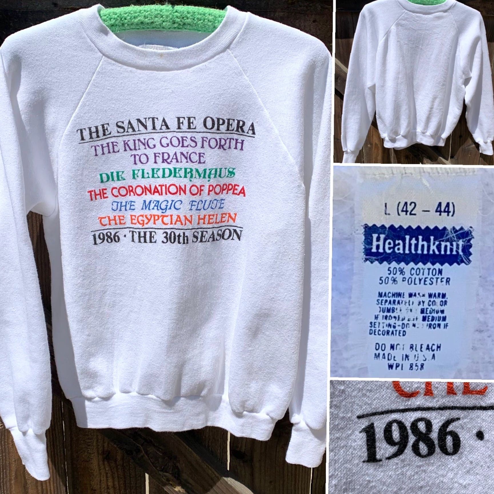 Vintage VINTAGE Healthknit The Santa Fe Opera 1986 The 30th Season raglan sweatshirt 1980s size L White Unisex Adults Sweatshirt 80s Opera Size US L / EU 52-54 / 3 - 5 Thumbnail