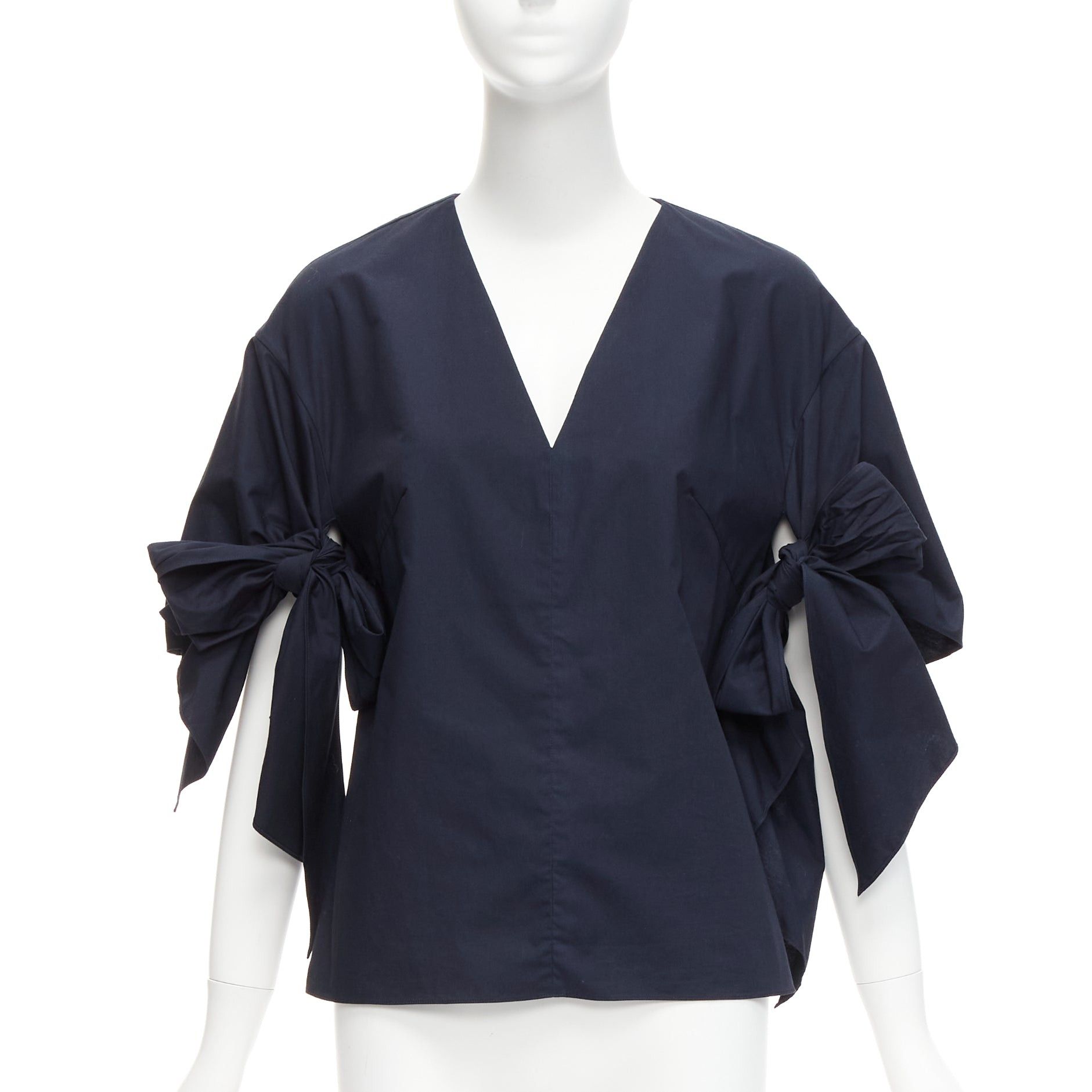 DELPOZO navy cotton knot tie sleeves V neck relaxed top FR36A S