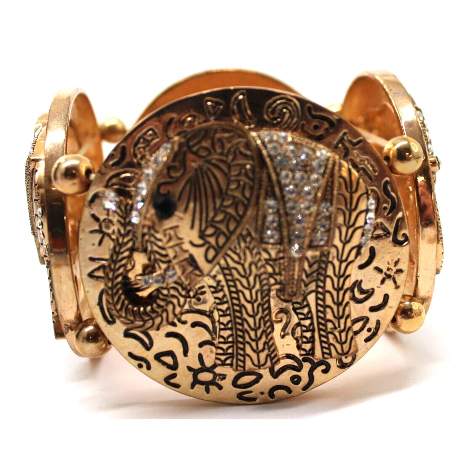 Other Chunky Gold Tone Elephant Bracelet • Rhinestone • Etched Size ONE SIZE - 2 Thumbnail