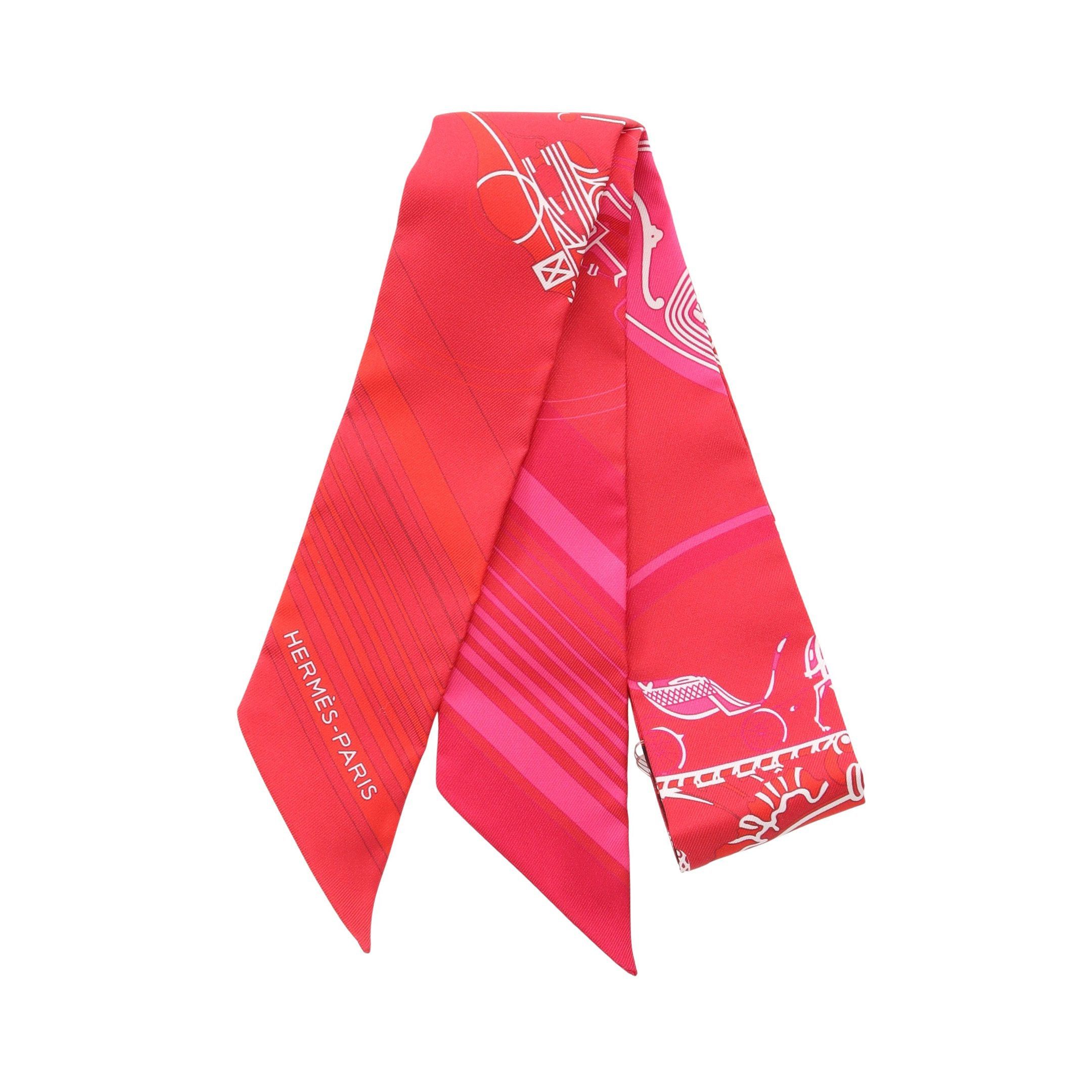 Hermes Hermes Twilly Ex-Libris Ribbon Scarf Silk Red Multicolor Size ONE SIZE - 1 Thumbnail