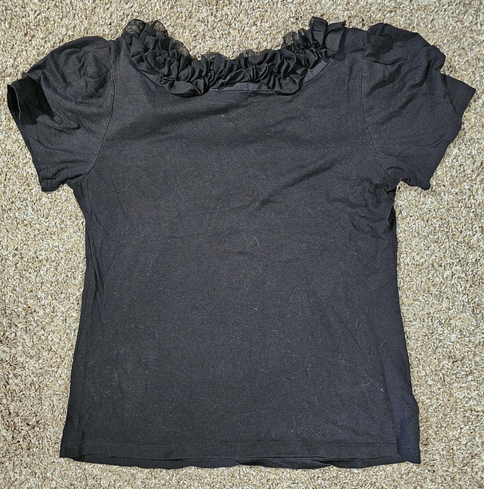 Designer Ann Taylor LOFT Black Modal Short Sleeve Ruffled Neck Top M Size M / US 6-8 / IT 42-44 - 8 Thumbnail