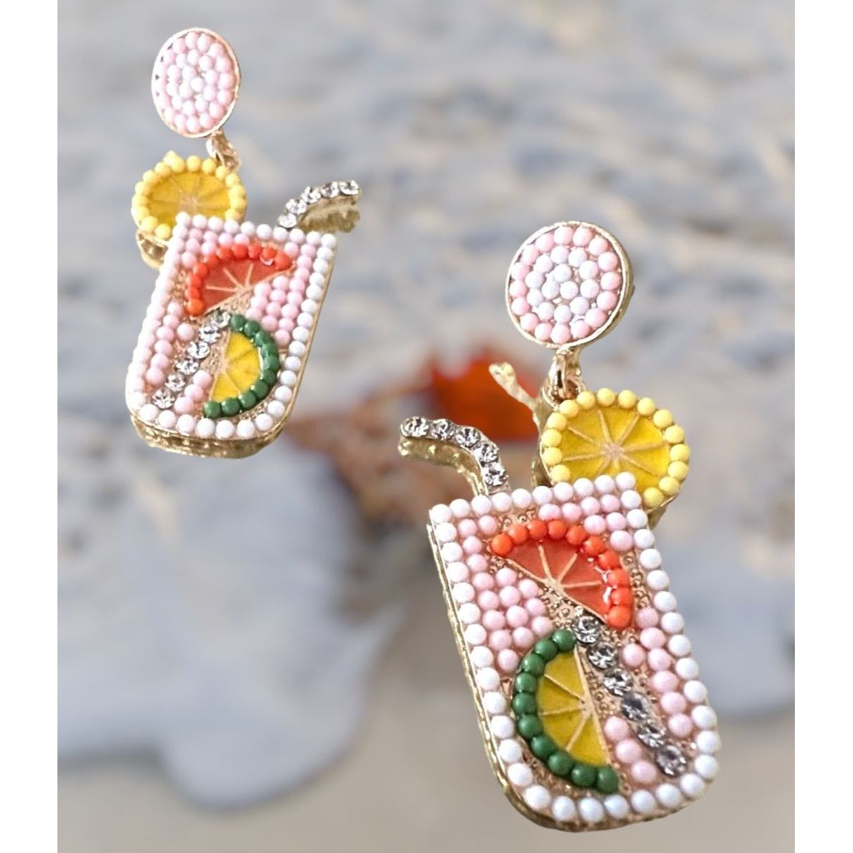 Handmade Tropical Cocktail Earrings Beaded Dangle Posts Lemon Lime Cr Size ONE SIZE - 3 Thumbnail