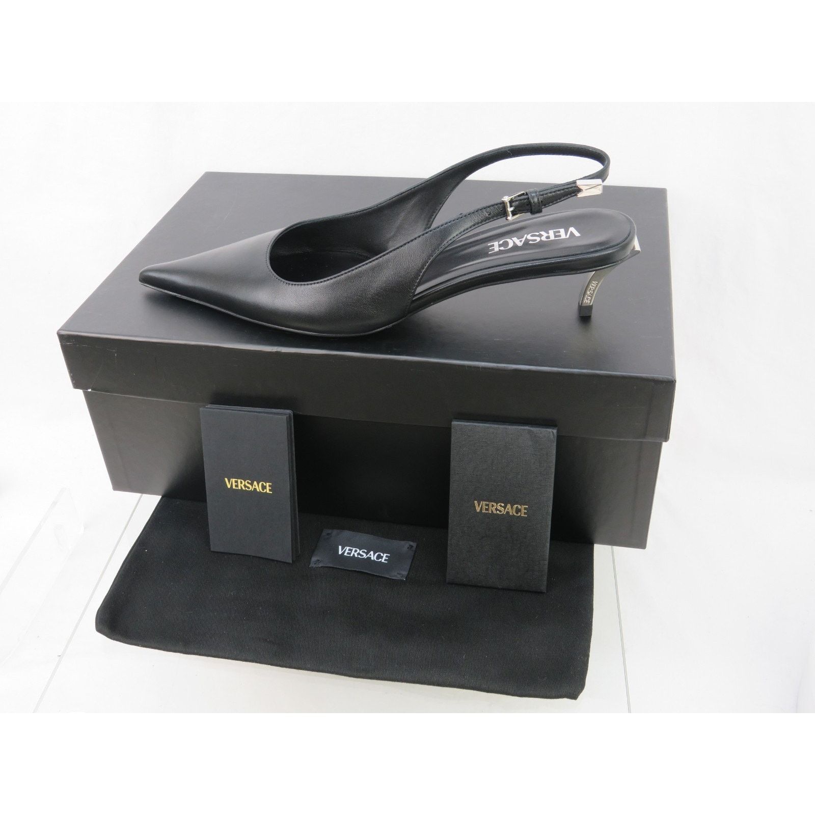 Versace VERSACE BLACK LEATHE SILVER MEDUSA SANDALS KITTEN PUMPS 39.5 Size US 9.5 / IT 39.5 - 11 Thumbnail