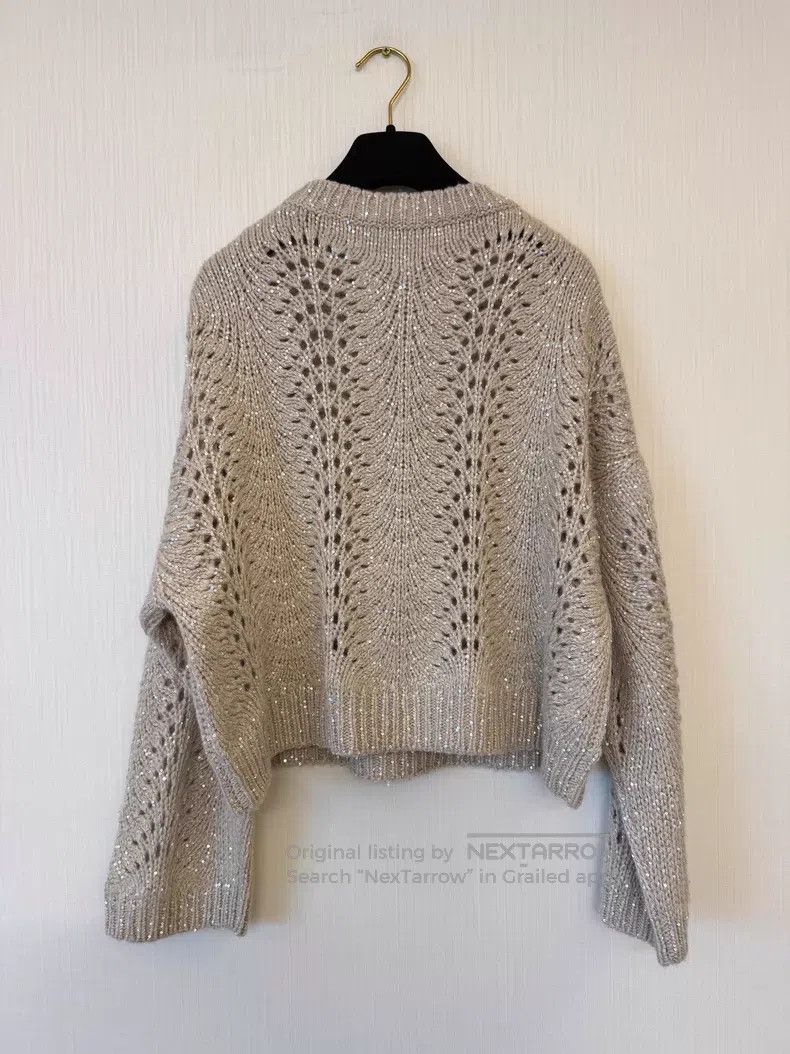 Brunello Cucinelli Brunello Cucinelli Oatmeal Cashmere Openwork Sweater with Size L / US 10 / IT 46 - 2 Thumbnail
