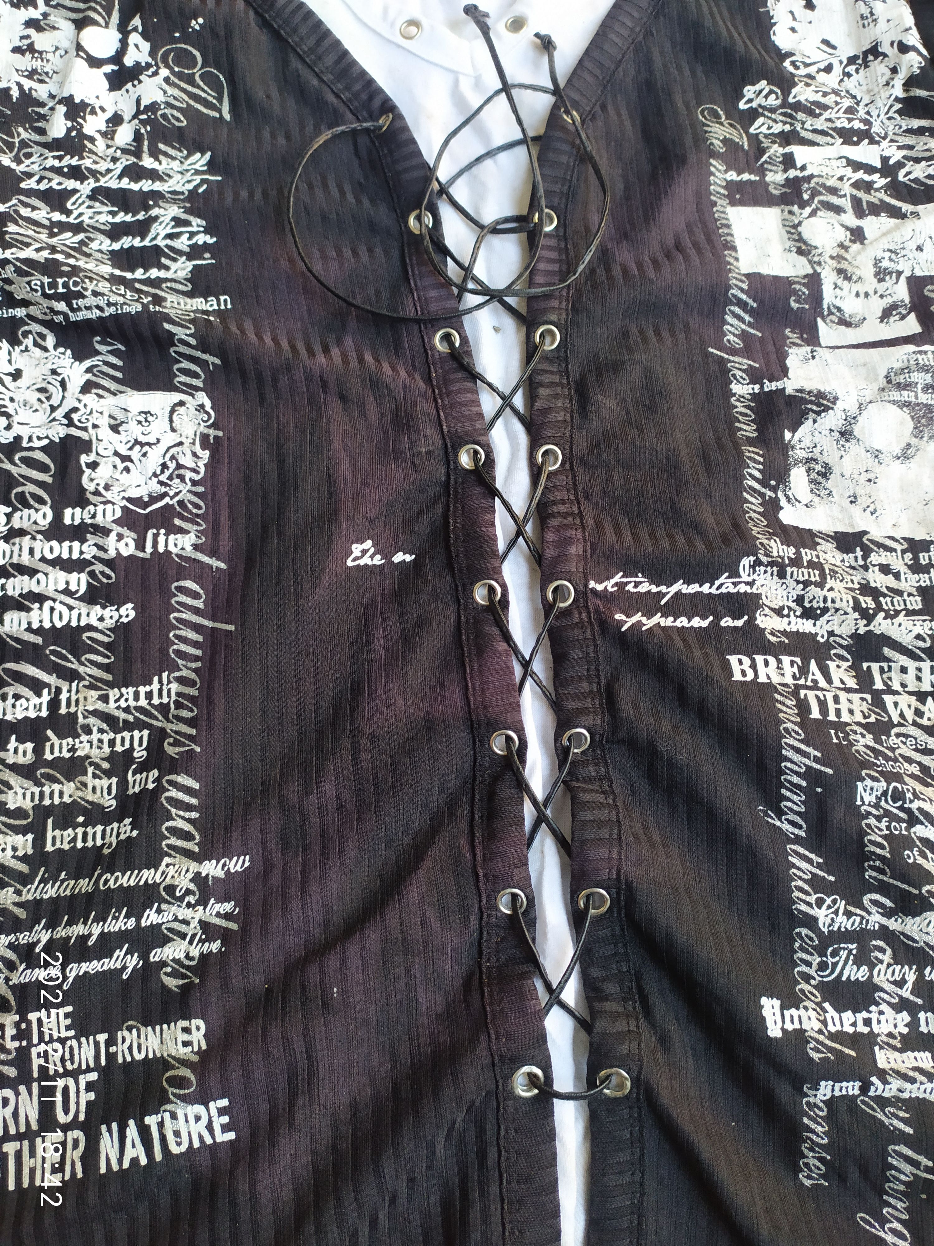 If Six Was Nine × Japanese Brand × KMRii Y2K Euroyal Double Layered Laces Poem Skull Shirt Size US L / EU 52-54 / 3 - 5 Thumbnail