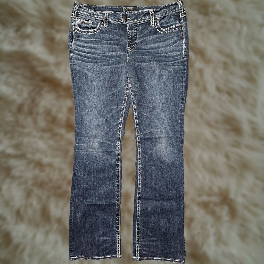 Silver Jeans Co. Silver Jeans Co Tuesday Mid Slim Boot Jeans Womens 16 Blue Distressed Denim Size 38" / US 16 / IT 52 - 1 Thumbnail