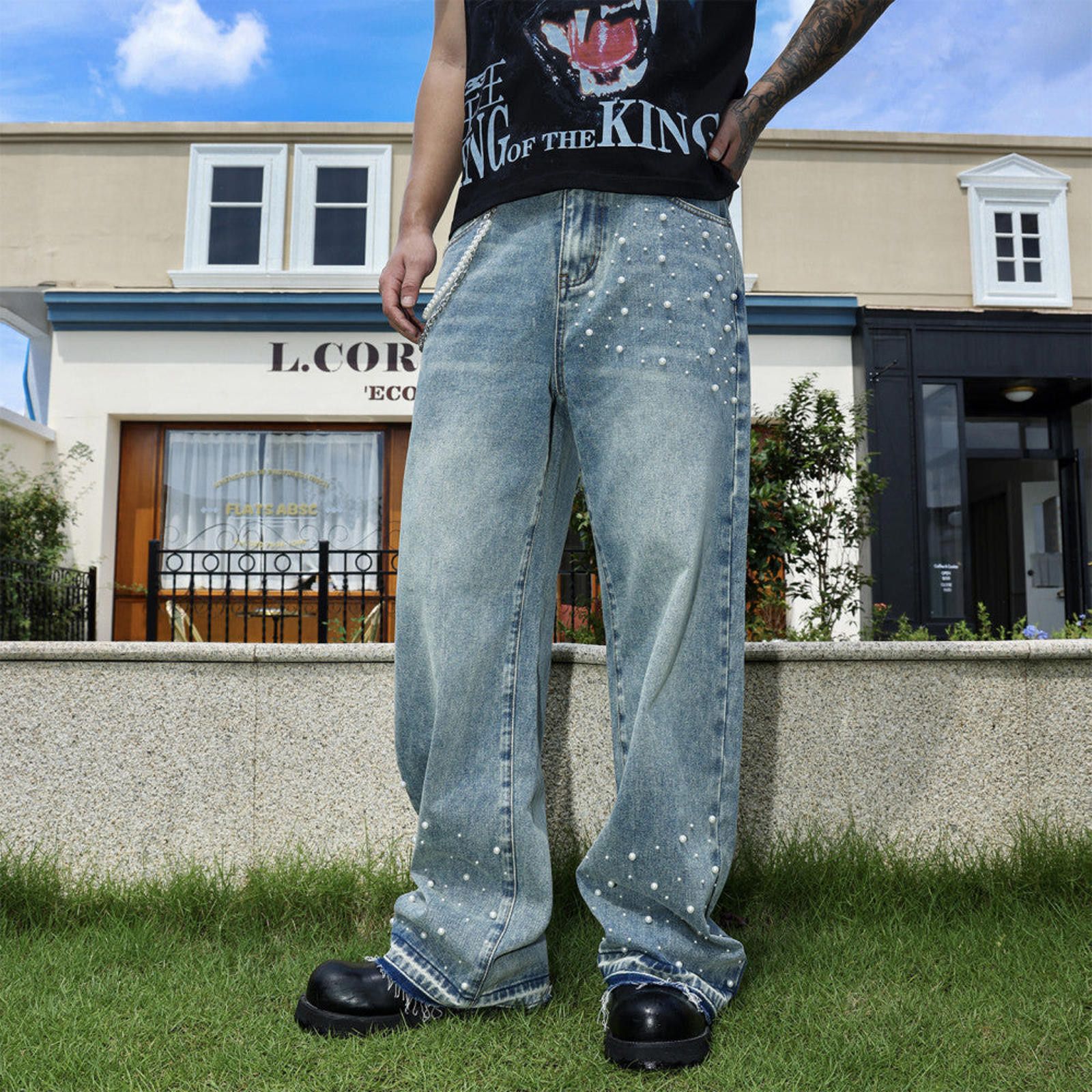 Rhinestone Stud Wide Leg Denim Jeans