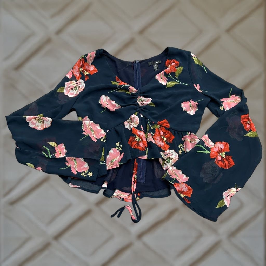 Bloomingdale's Aqua Bloomingdale's Cropped Top Womens S Blue Floral Bell Sleeve Peplum Size S / US 4 / IT 40 - 1 Thumbnail