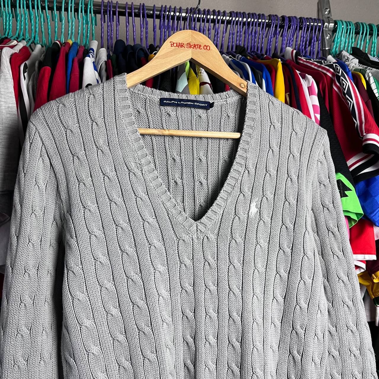 Ralph Lauren Sport Gray V-Neck Cable Knit Sweater Pullover