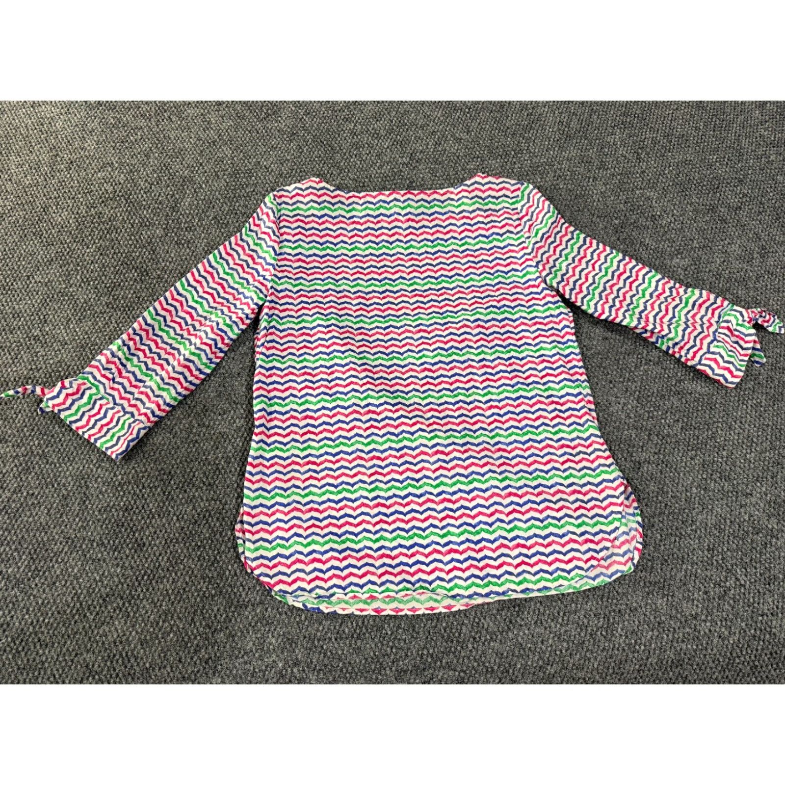 Talbots Talbots Blouse Womens S Pink White Multicolor Chevron Long Sleeve Tie Sleeve Crew Neck Rayon Cotton Button Casual Size S / US 4 / IT 40 - 7 Thumbnail