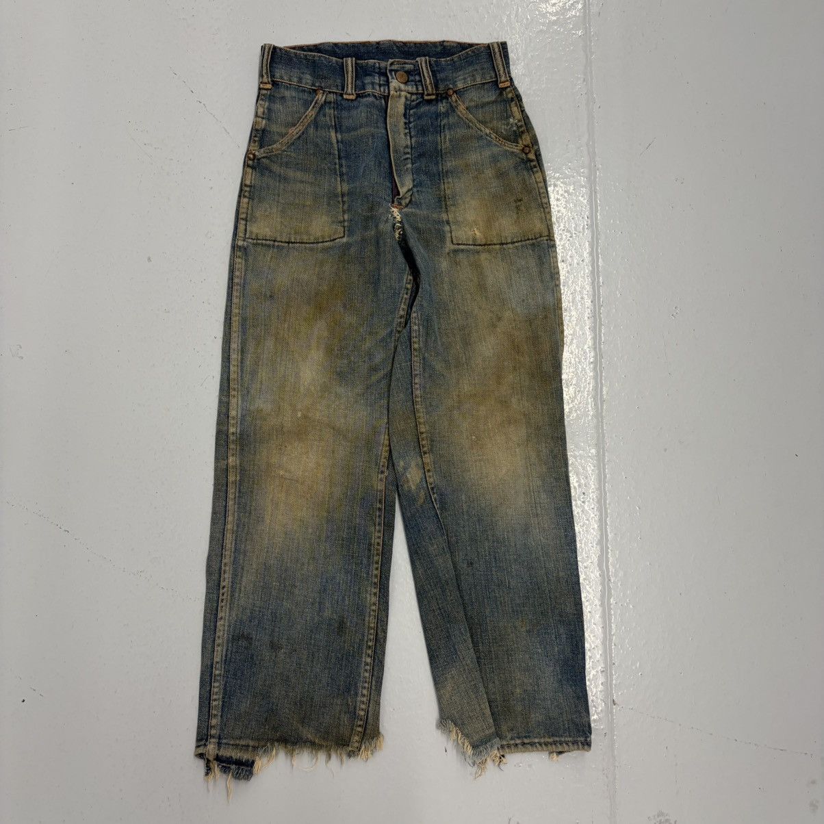 Other Vintage 50s Blue Fatigue Workwear Distressed Jeans 23x22 Size 23" - 1 Thumbnail