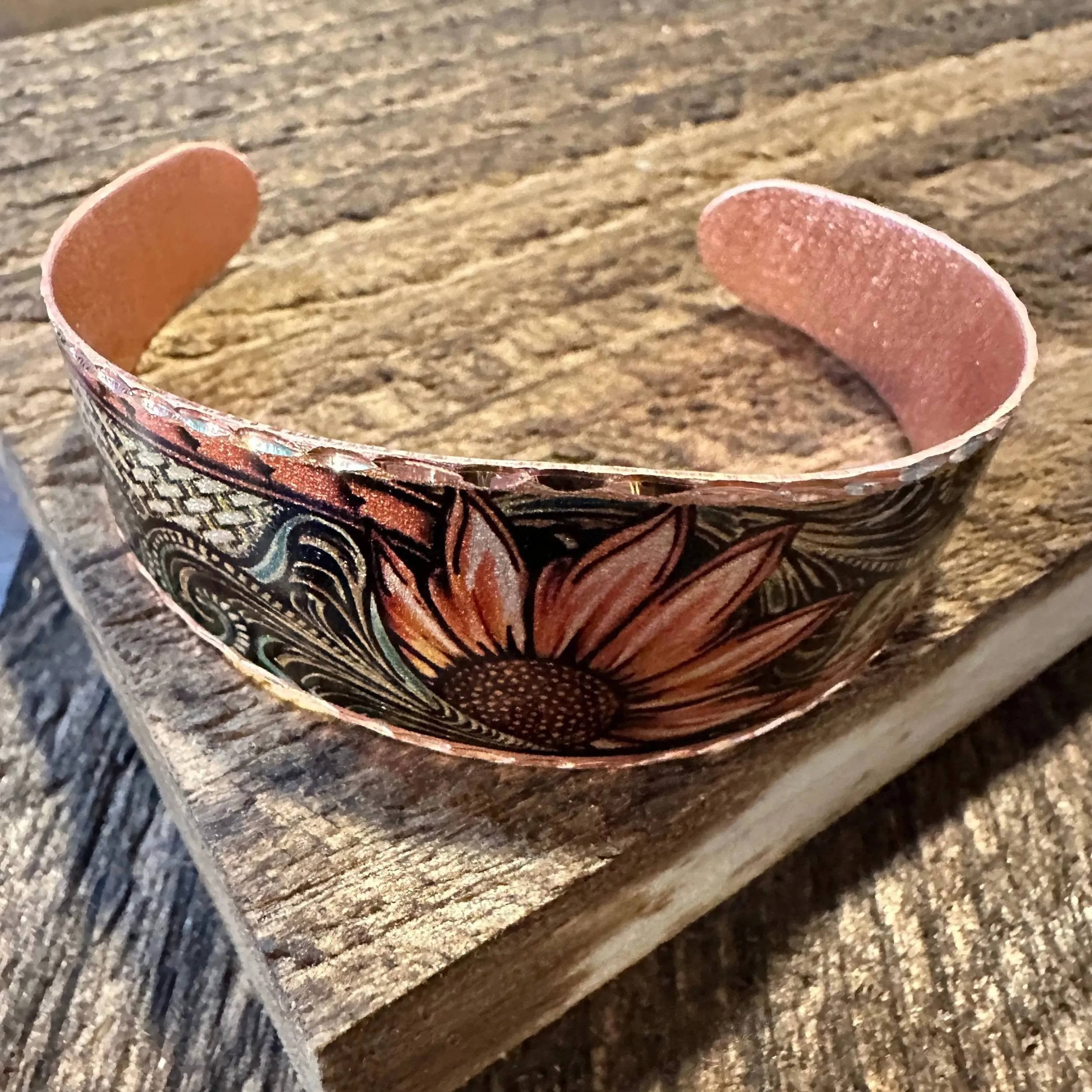 Other Handmade Boho Sunflower Cuff Bracelet, Copper Western Sunflo Size ONE SIZE - 7 Thumbnail