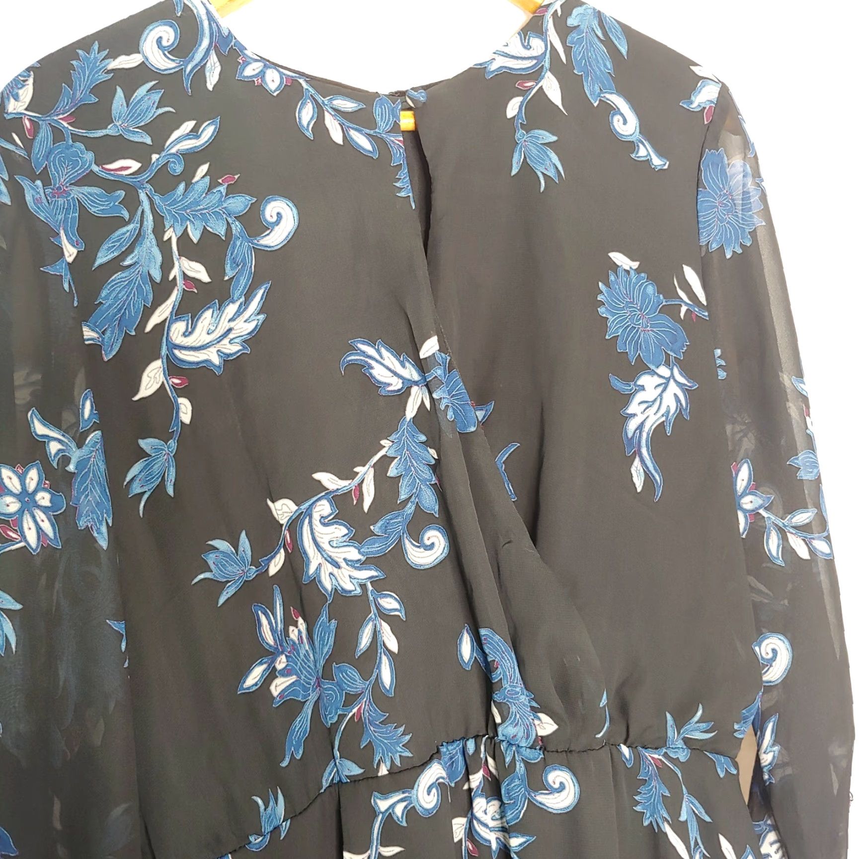 Vintage Lane Bryant Dress Women 22 Black Blue Floral Sheer Long Sleeve Party Ruffle Keyhole Blouson Womens Size 3XL / US 20-22 - 3 Thumbnail