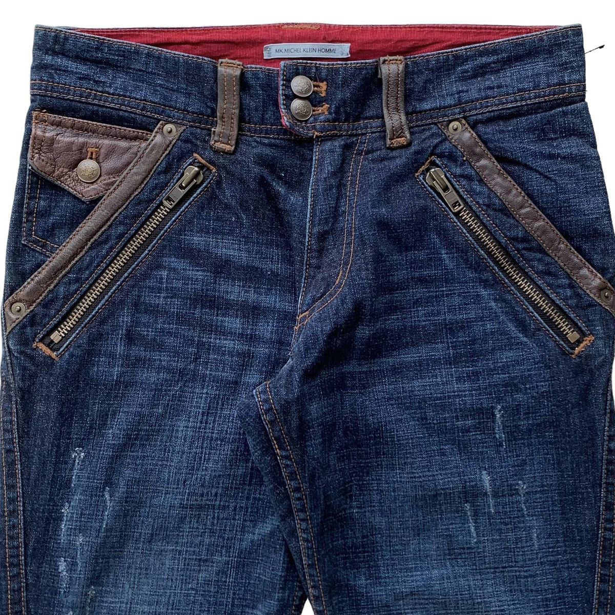 Japanese Brand 2000s Michel Klein Homme Flared Mix Leather Multi Zip Jeans Size US 32 / EU 48 - 2 Thumbnail