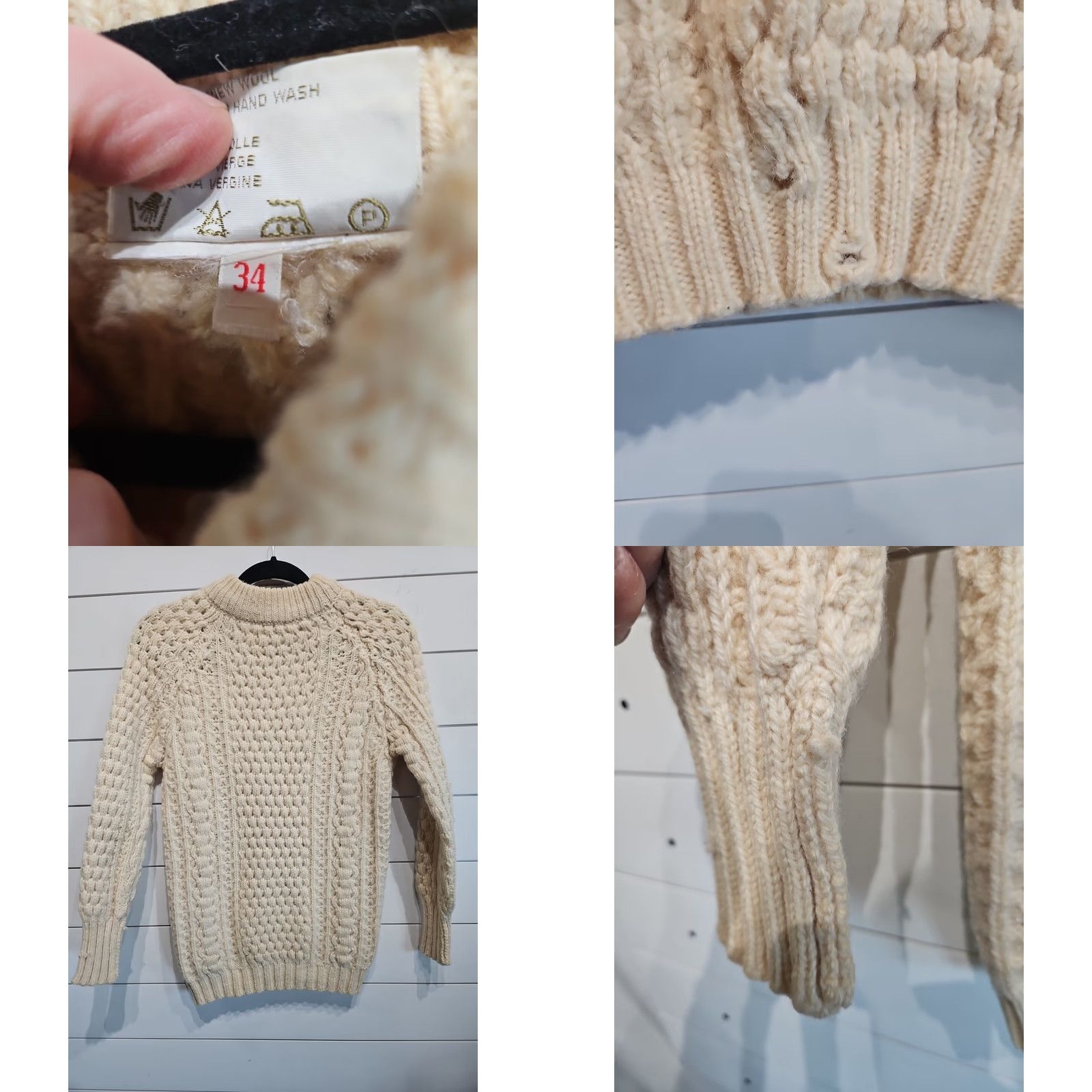 Vintage VINTAGE Carraig Aran Knitwear Hand Knit Cable Pure Wool Irish Sweater Mens 34 Ivory 1980s Wool Men's 34 Size US S / EU 44-46 / 1 - 8 Thumbnail