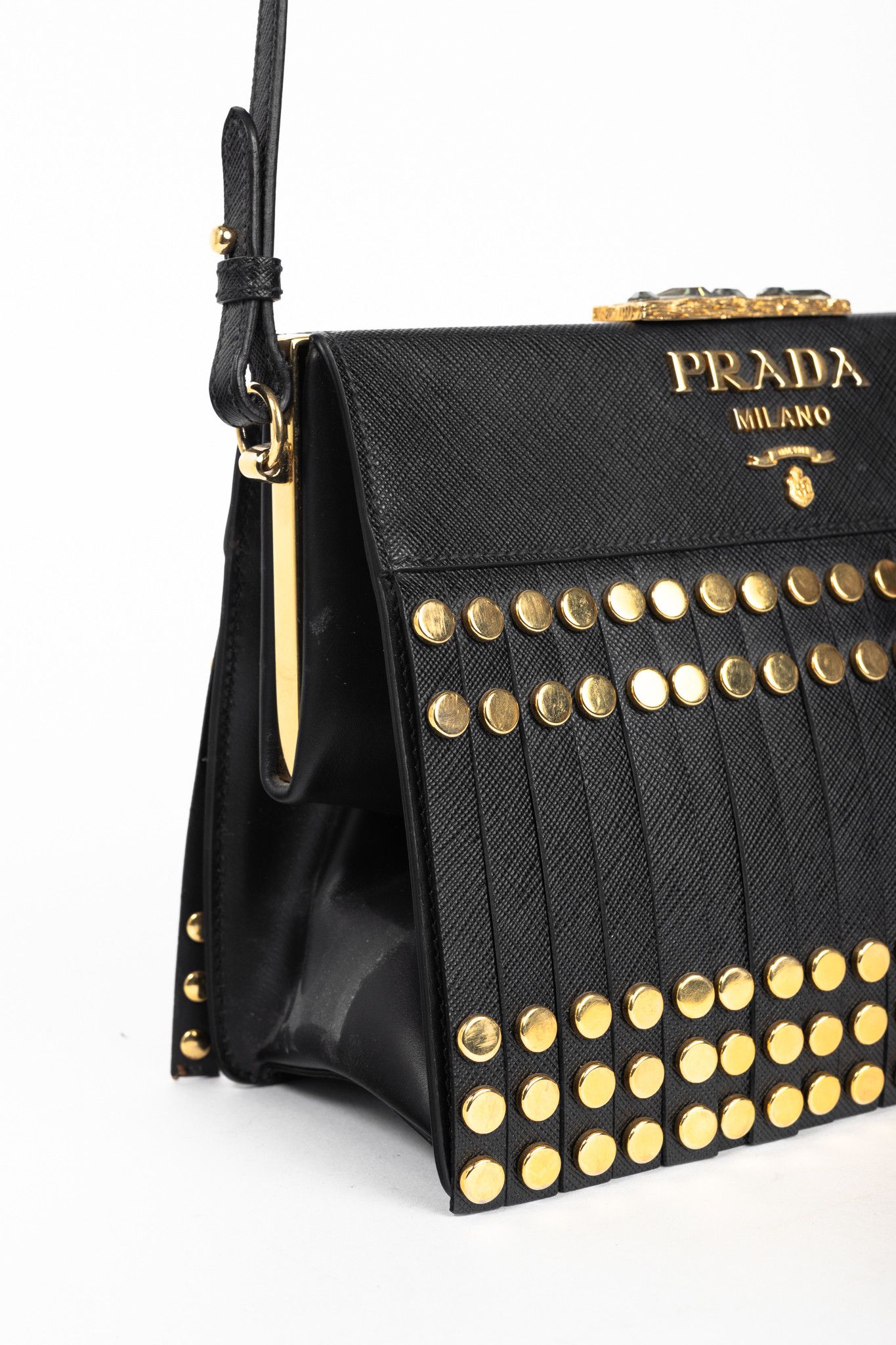 Prada Prada Saffiano Leather Studded Fringe Frame Shoulder Bag Size ONE SIZE - 8 Thumbnail
