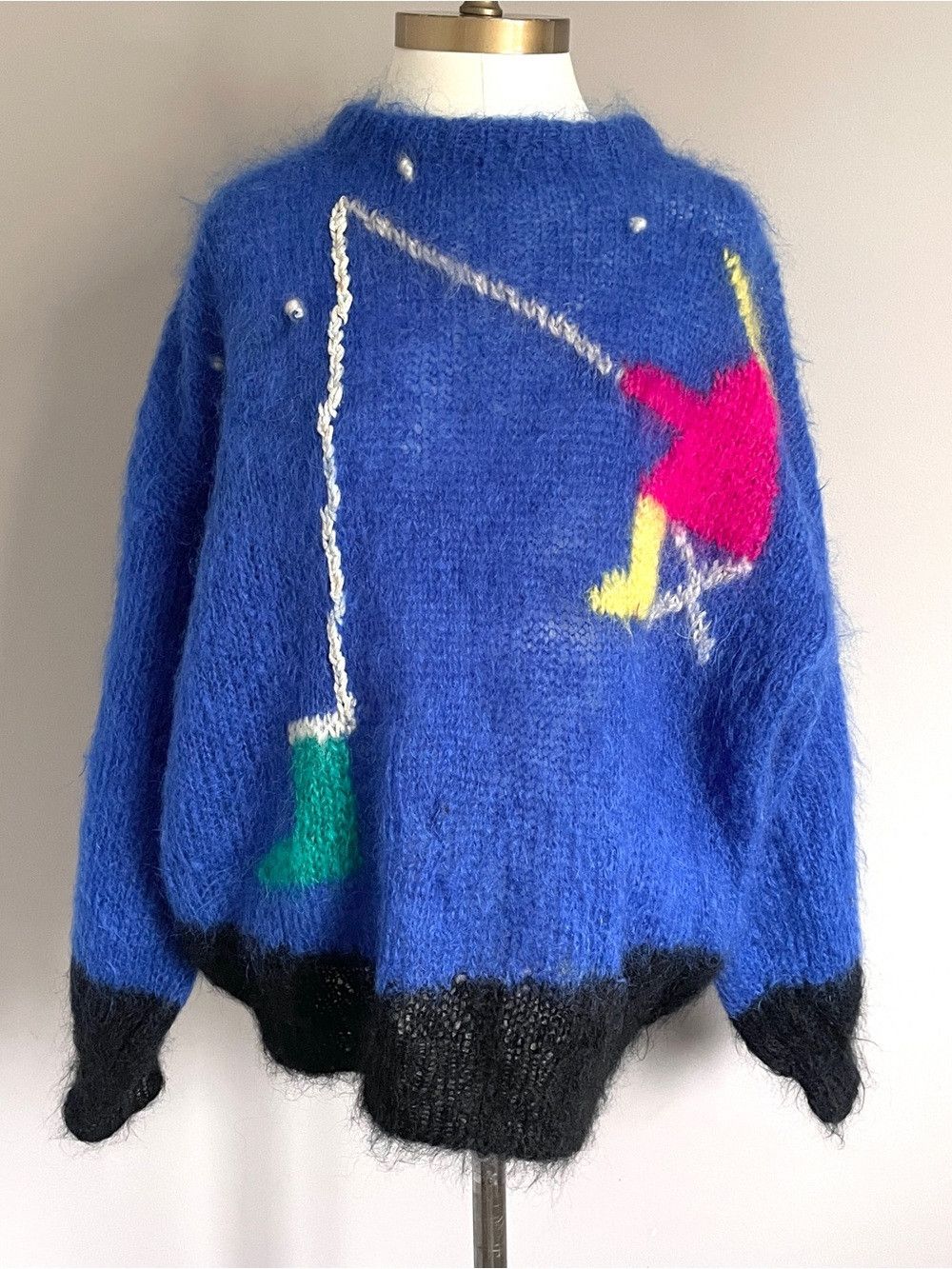 Vintage Vintage Handknit Blue Fishing Mohair Wool Sweater​ 🇬🇧 Size L / US 10 / IT 46 - 3 Thumbnail