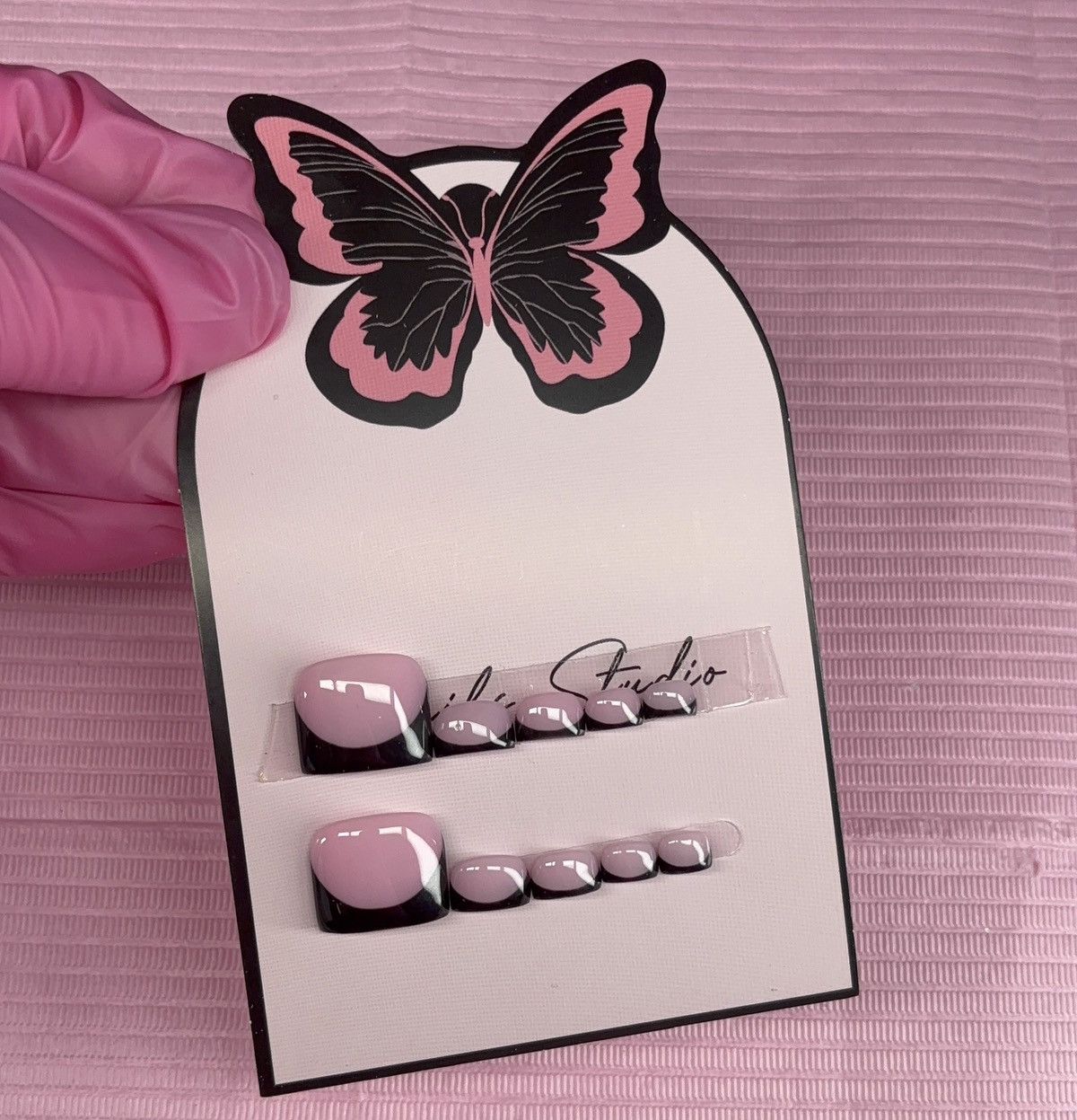 Handmade press on toenails pink nude black French tips handmade gel Size ONE SIZE - 4 Thumbnail
