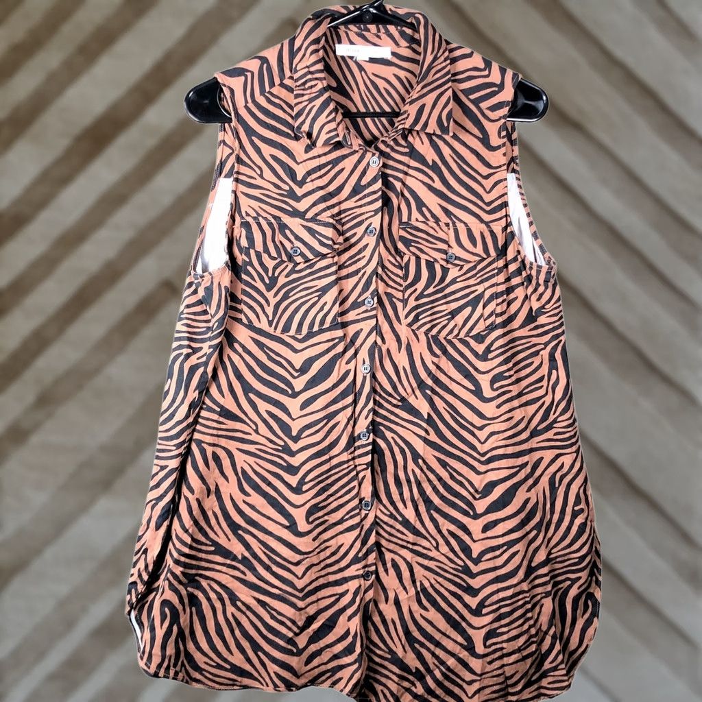 Vintage Rose + Olive Womens Blouse Black Brown Tiger Stripe Sleeveless Button Down Tunic L Size L / US 10 / IT 46 - 1 Thumbnail