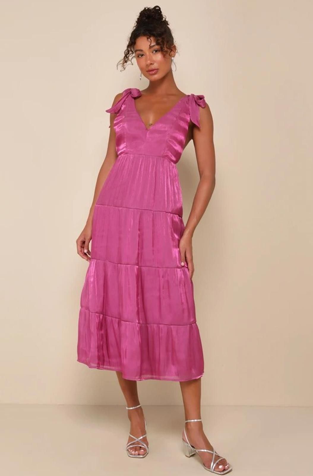 Lulus Exemplary Shine Magenta Tie-Strap Tiered Midi Dress - NWT Size S / US 4 / IT 40 - 1 Thumbnail