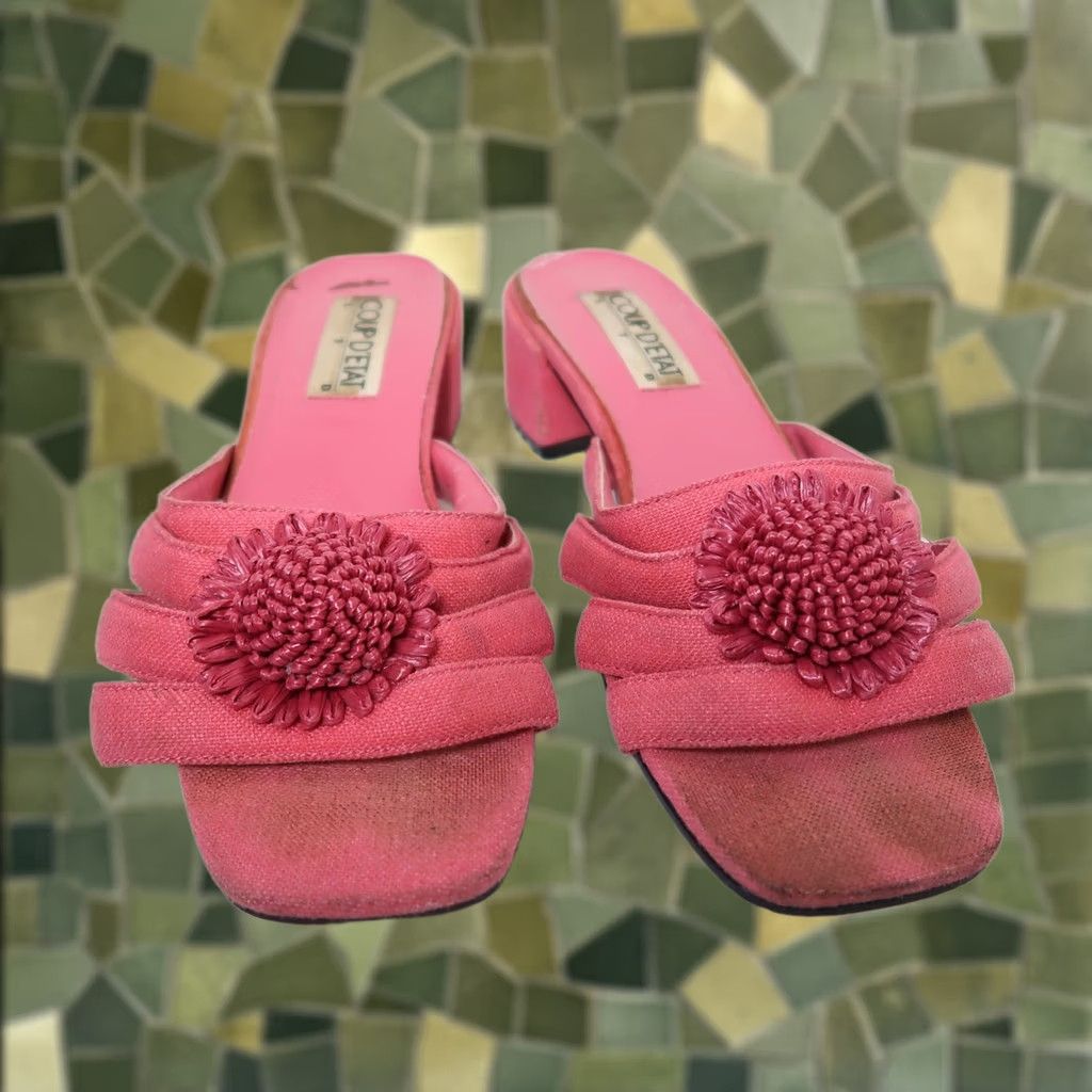 Pinko VINTAGE 90s Pink Strappy Flower Brooch Heeled Mule Sandals 9 Womens Size US 9 / IT 39 - 1 Thumbnail