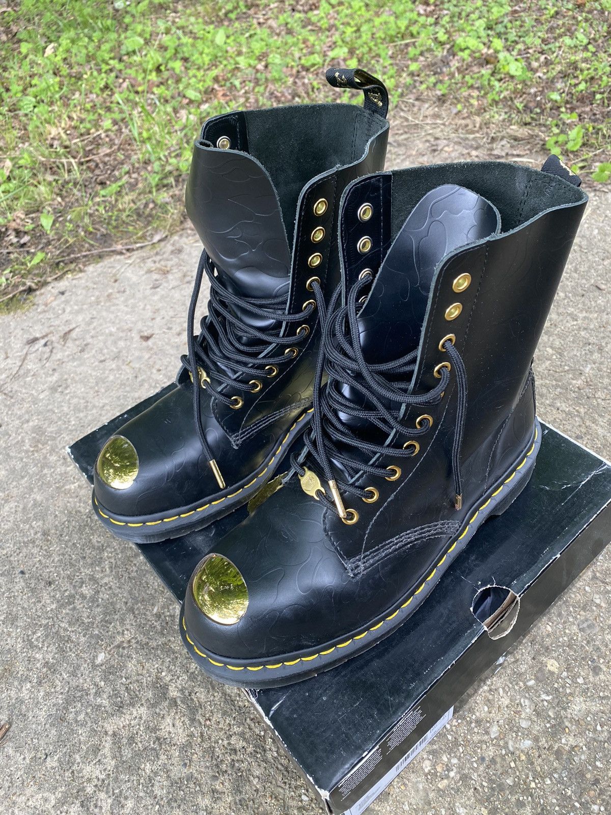 image of Bape Doc Marten 1490 (Gold Steel Toe) Shoes in Black, Men's (Size 8)