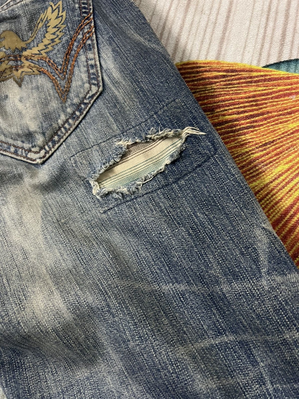 If Six Was Nine 💥Flare💥 Edwin 503 Blue Trip Eagle Model Distress Jean Size US 33 - 19 Thumbnail