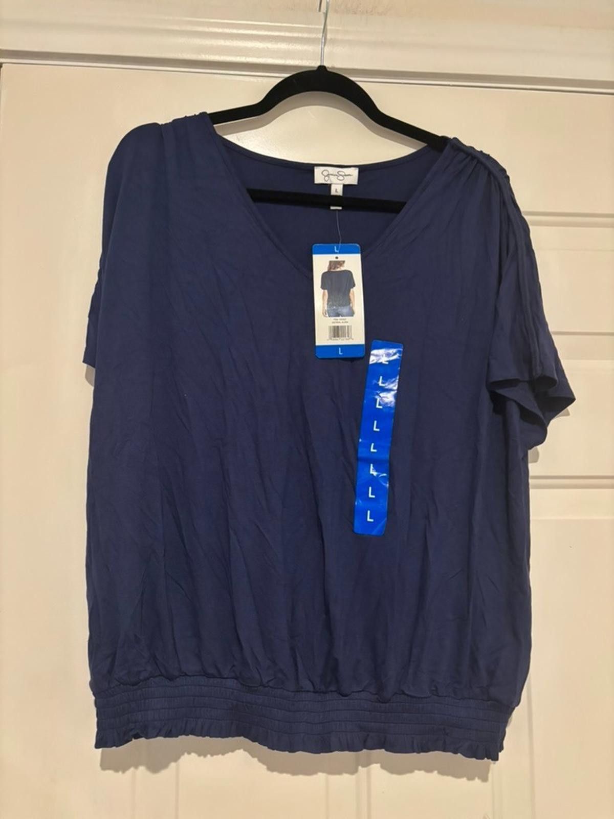 Designer Womens sz L navy Jessica Simpson short sleeve shirt #586 Size L / US 10 / IT 46 - 1 Thumbnail