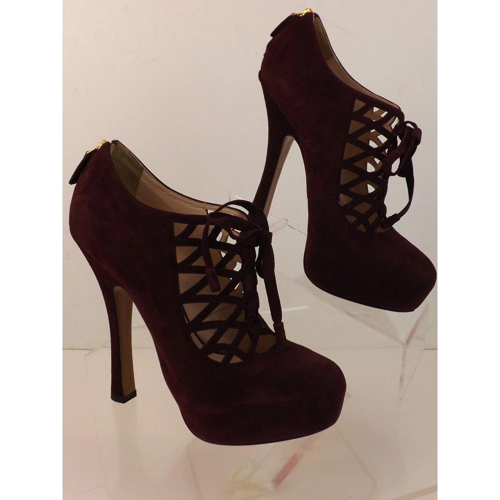 Prada PRADA 1IP156 BURGUNDY SUEDE CAGE BACK ZIP PLATFORM PUMPS 40 Size US 10 / IT 40 - 6 Thumbnail